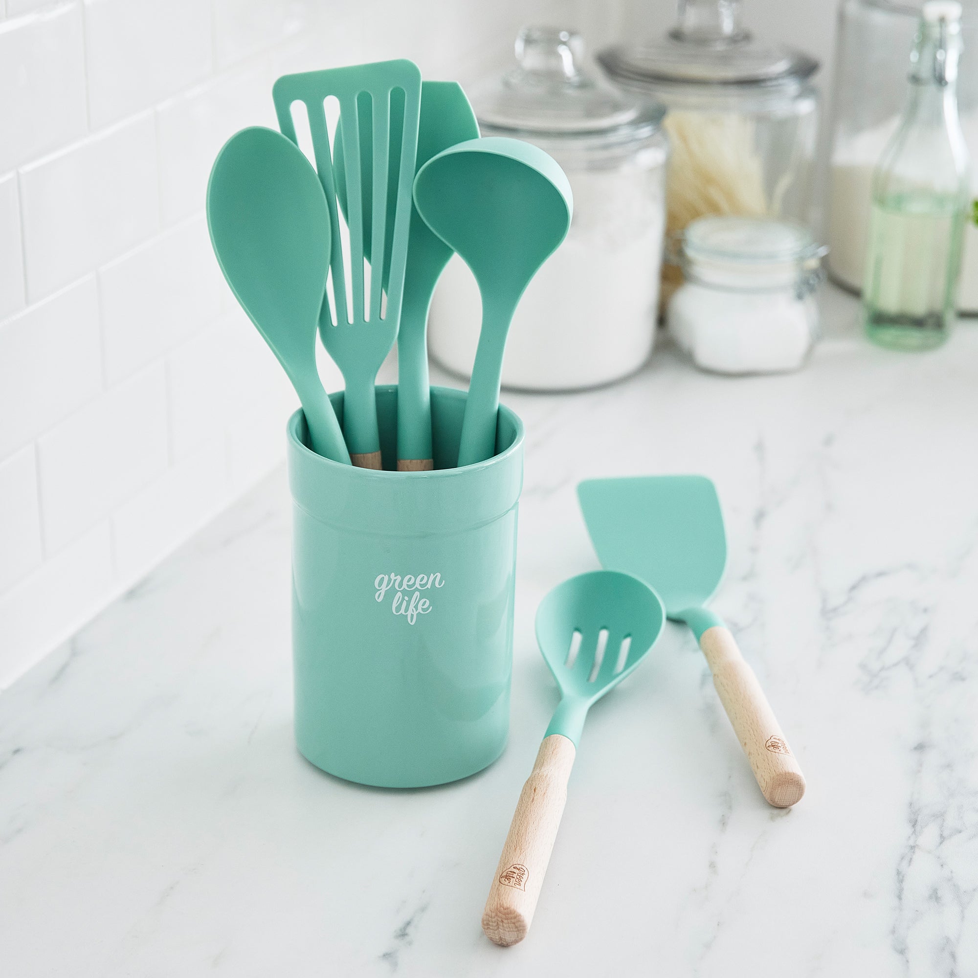 GreenLife Nylon & Wood Cooking Utensils with Ceramic Crock, 7-Piece Set | Turquoise