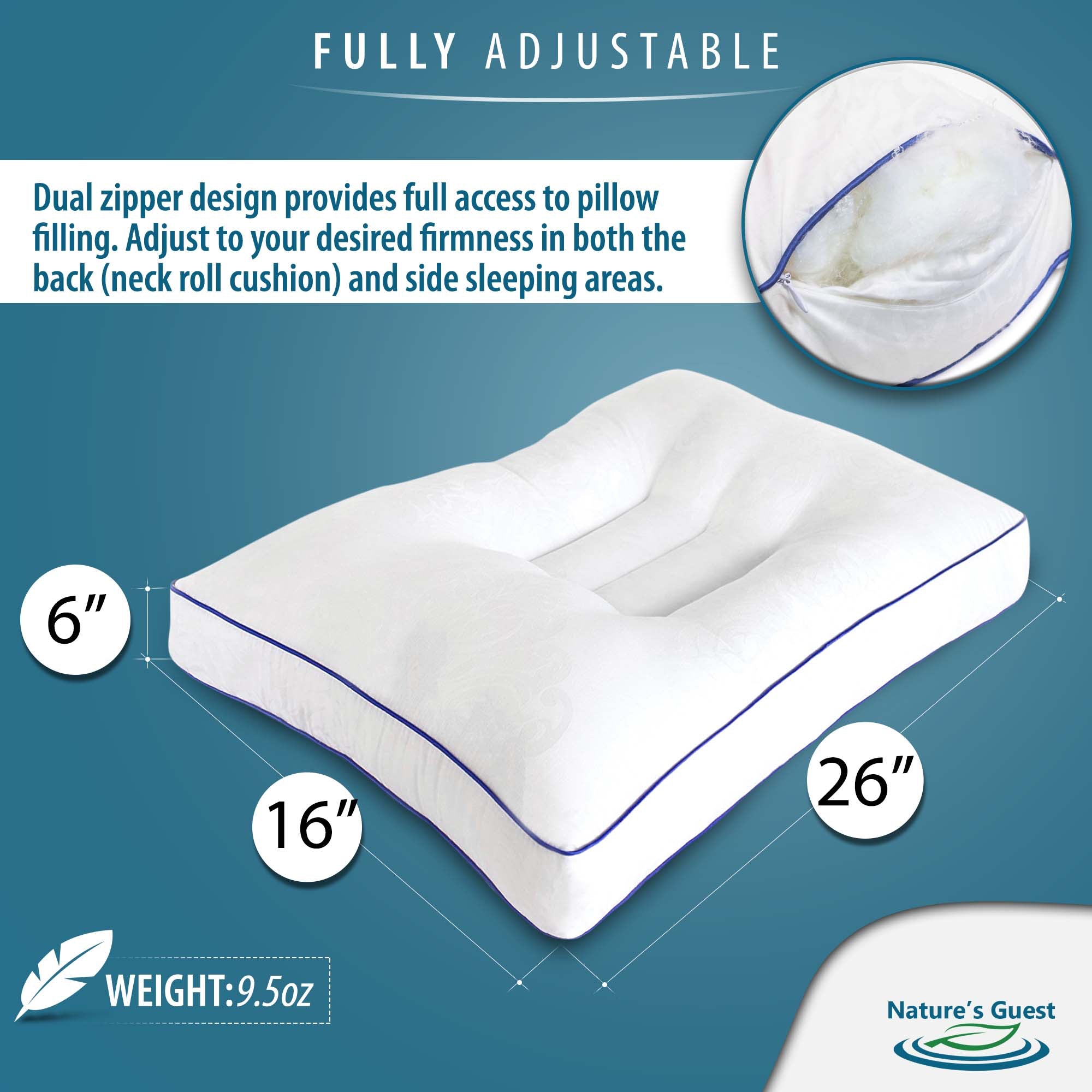 Nature's Guest Adjustable Cervical Pillow, Standard Size, Medium Support