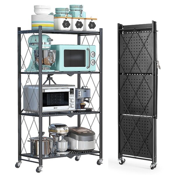 4-Tier Storage Shelf， Heavy Metal Kitchen Cart， Foldable Storage Shelf with Wheels， Garage Shelf - - 37873876