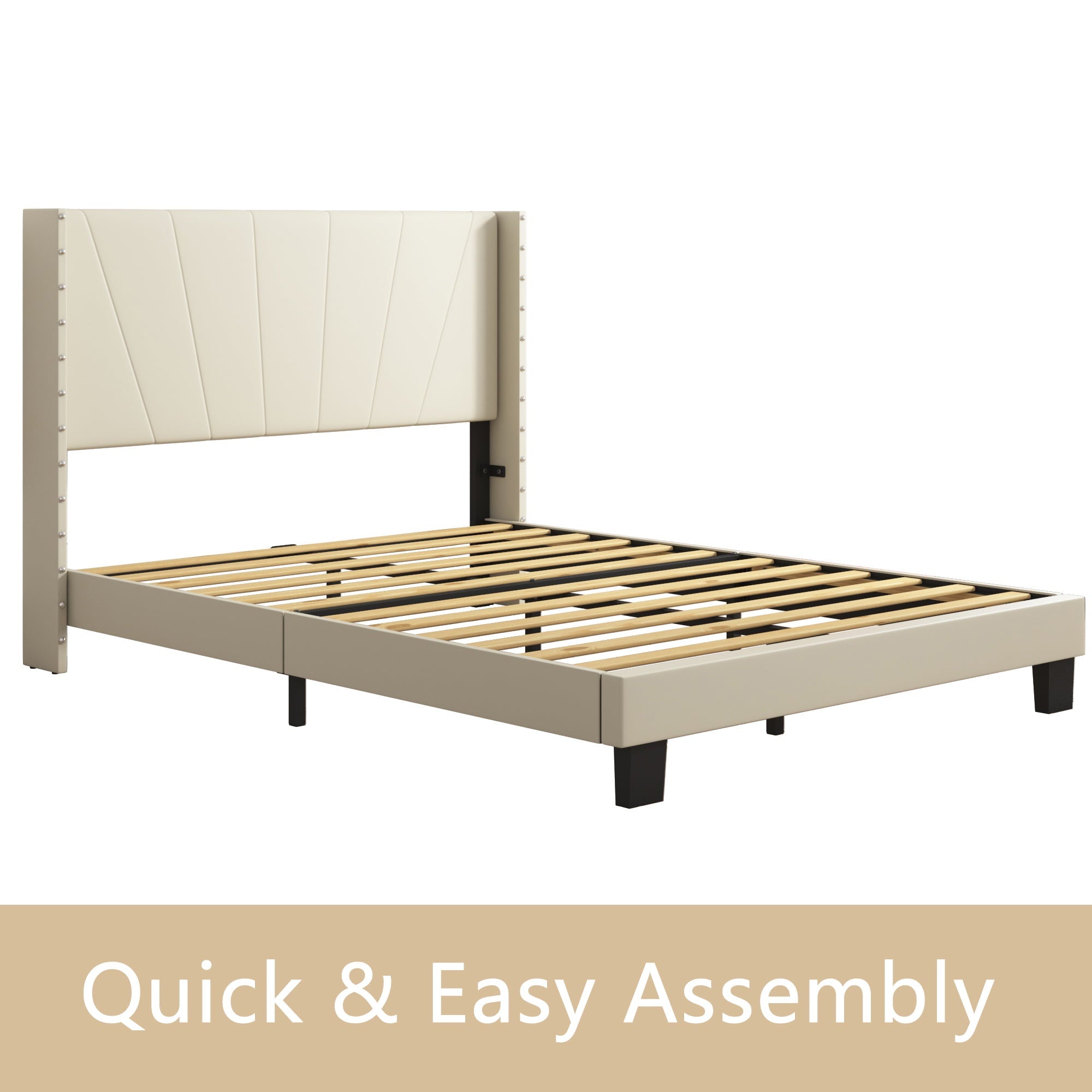 Beige Full Bed Frame for Adults Kids, Modern Fabric Upholstered Platform Bed Frame with Headboard, Full Size Bed Frame Bedroom Furniture with Wood Slats Support, No Box Spring Needed