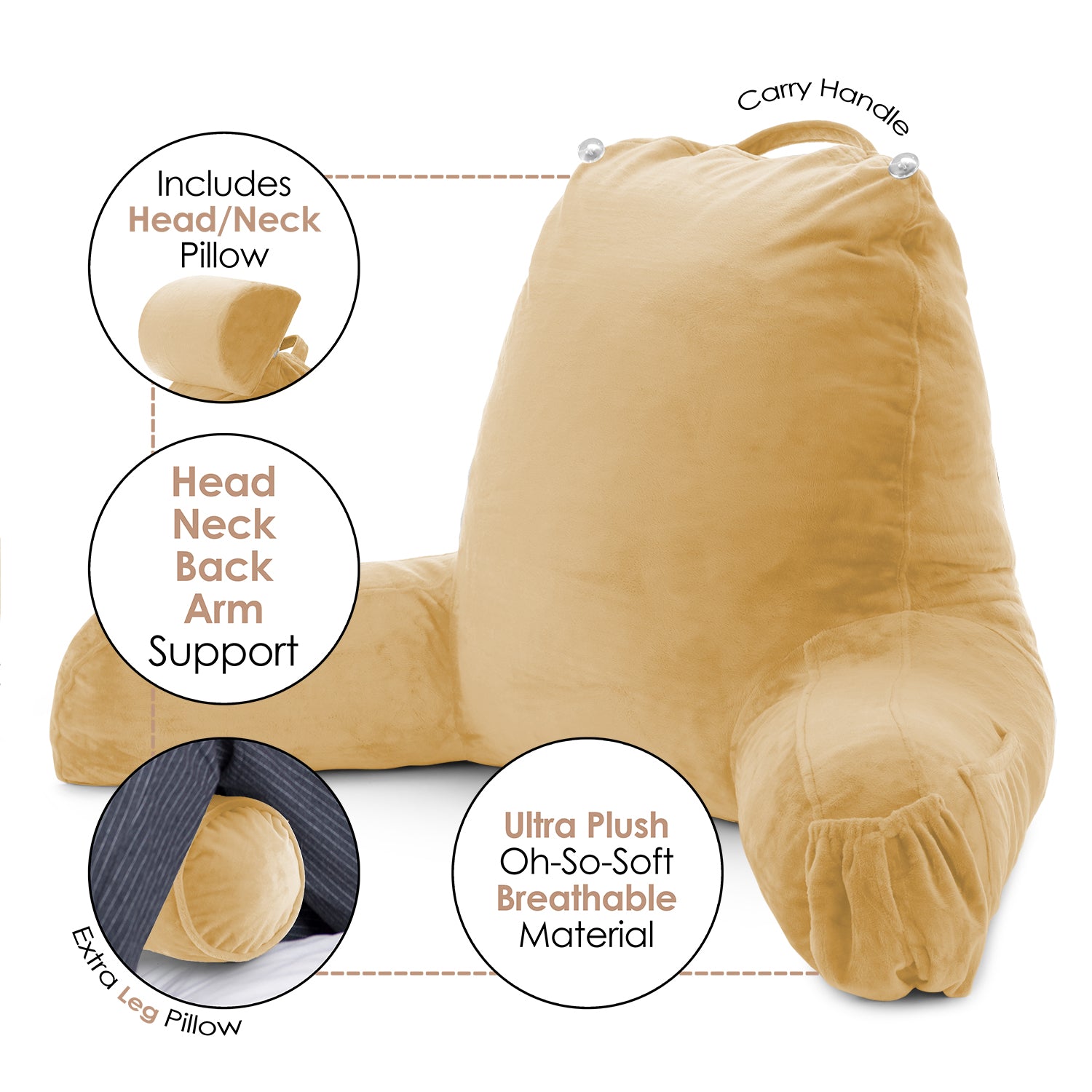 Nestl Reading Pillow, Extra Large Bed Rest Pillow with Arms – Premium Shredded Memory Foam TV Pillow, Detachable Neck Roll & Lumbar Support Pillow - Camel Gold