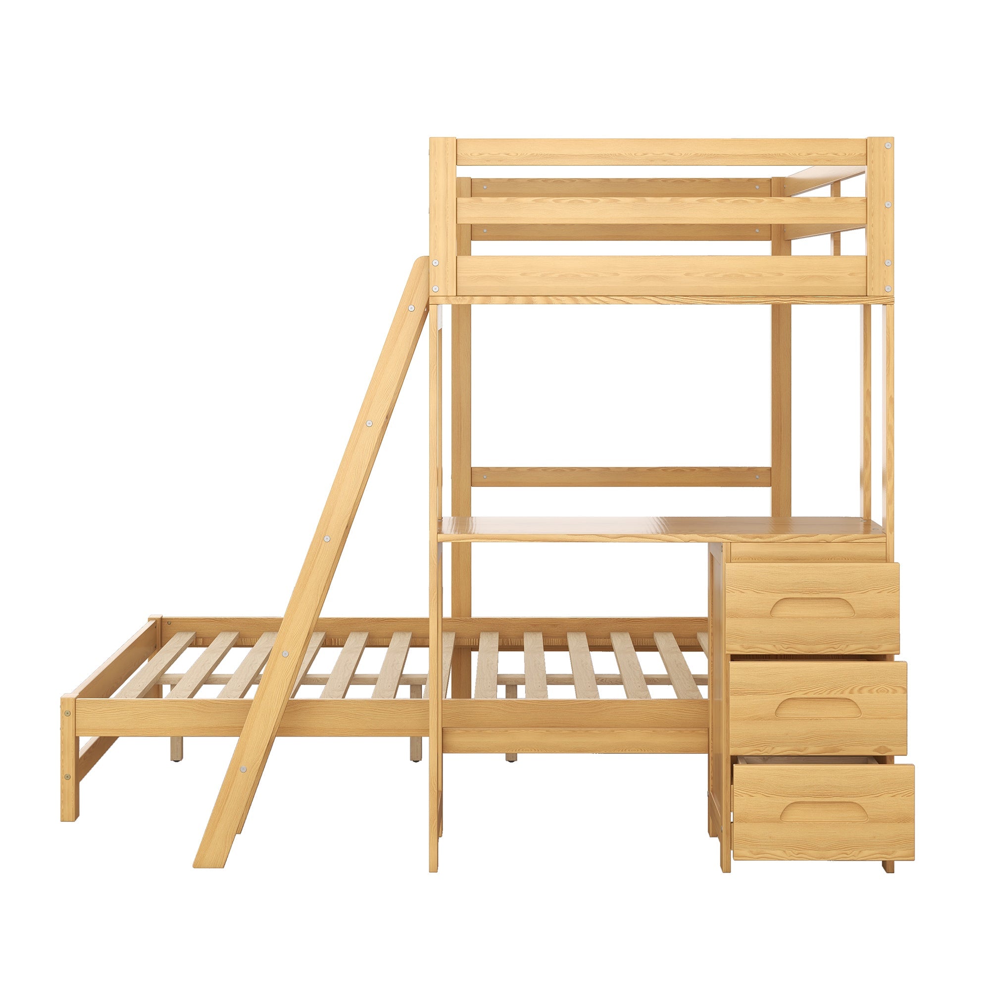 EUROCO Twin over Full Bunk Bed with Desk and Drawers for Kids, Natural