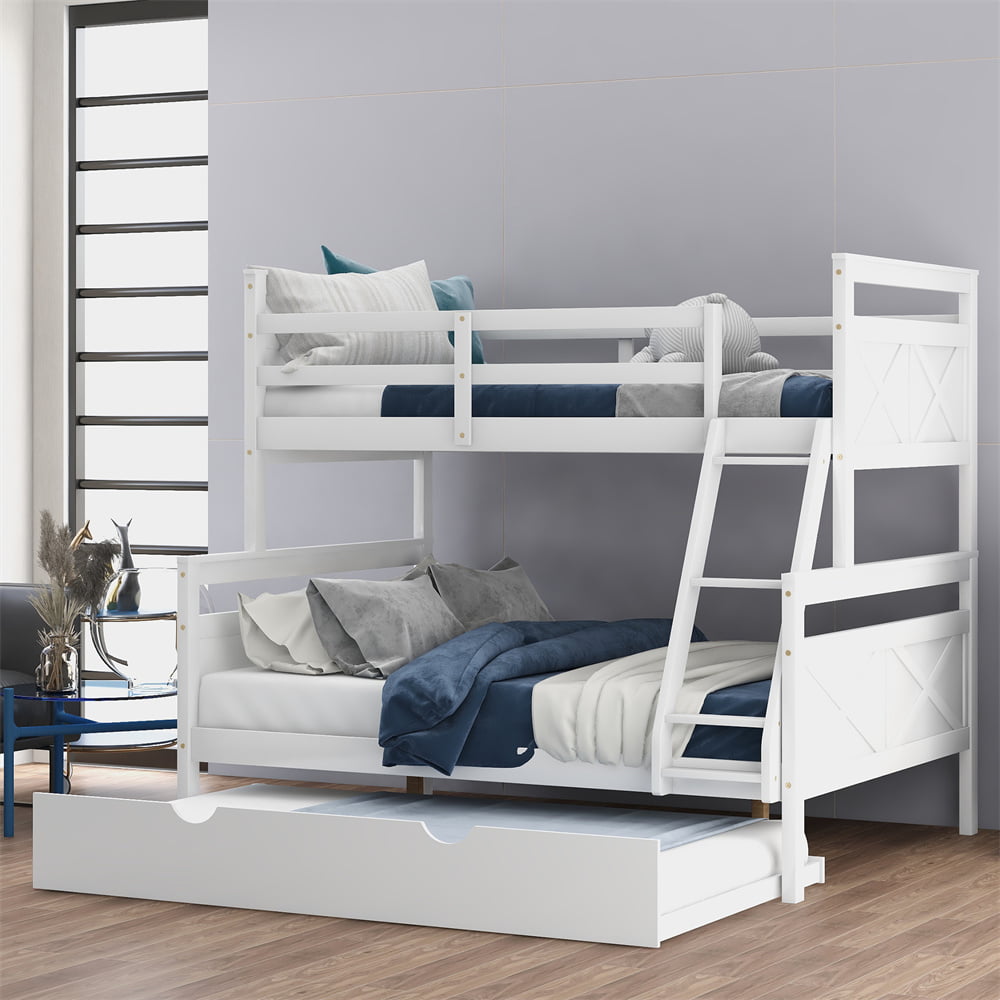 Twin Over Full Bunk Bed, Solid Wood Bed Frame with Trundle, Ladder and Safety Guardrail for Kids Guest Room Bed (White)