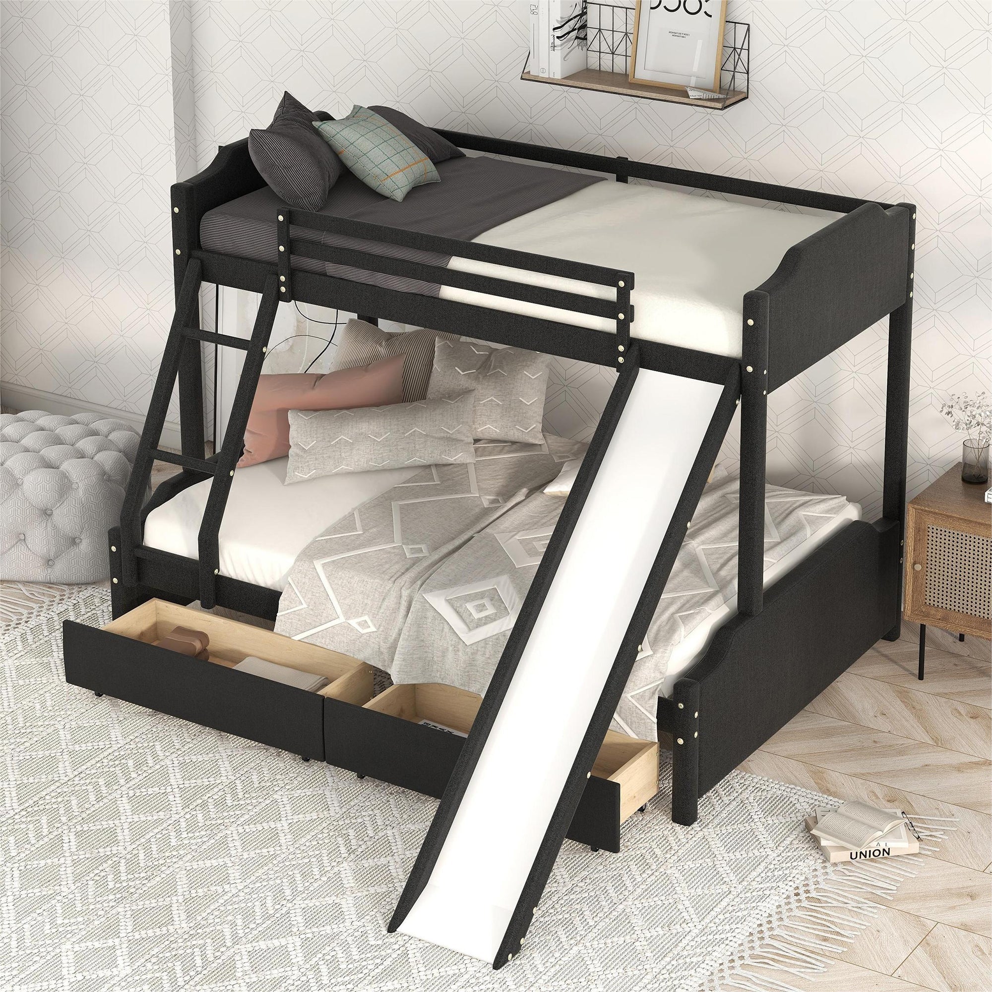 EUROCO Upholstery Twin over Full Bunk Bed with Slide and Drawers for Kids Room, Black