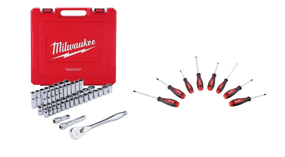 Milwaukee 47pc 1/2 Socket Wrench Set (SAE & Metric) & 8pc Screwdriver Set Bundle