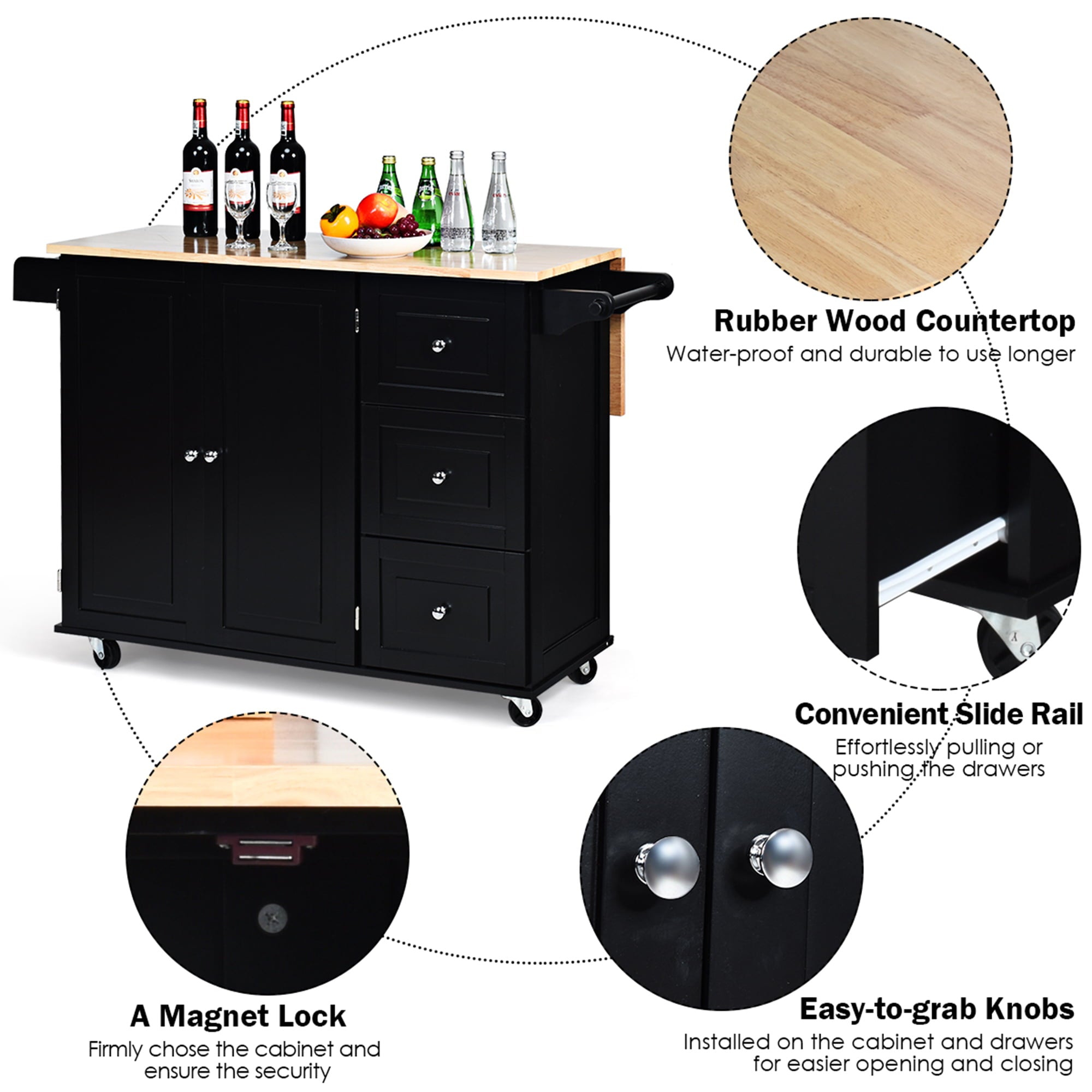 Gymax Drop-Leaf Kitchen Island Trolley Cart Wood Storage Cabinet w/ Spice Rack Black