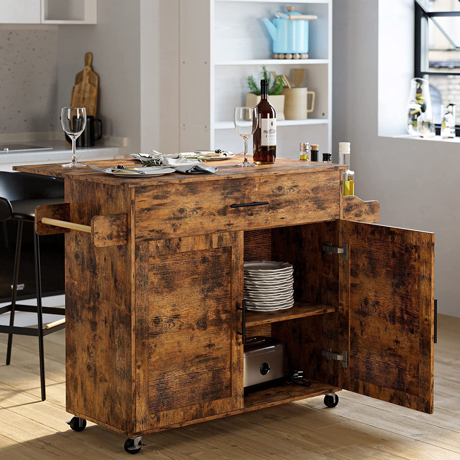 IRONCK Rolling Kitchen Island Cart on Wheels with Storage Cabinet， Drawer， 3 Spice Rack，Vintage Brown