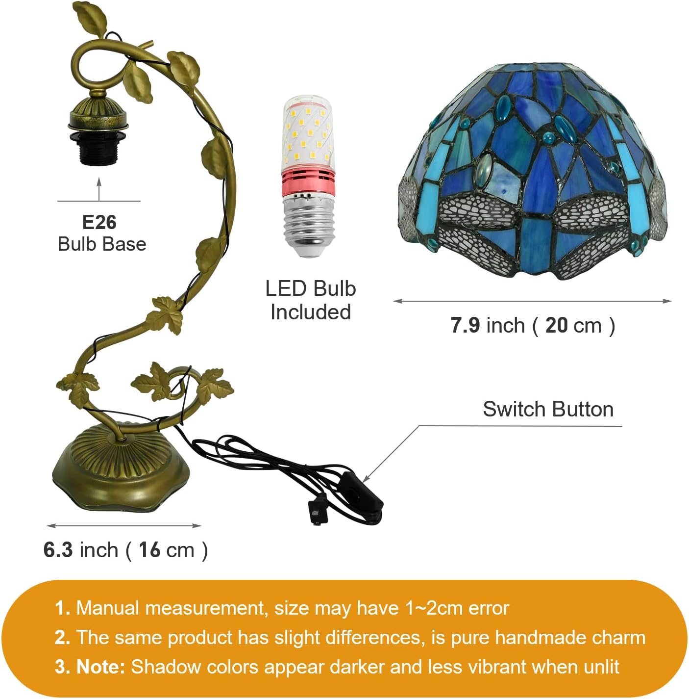 SHADY  Style Table Lamp 8x10x21 Inch Sea Blue Dragonfly Handmade Stained Glass Desk Lamp with Metal Leaf Iron Decor Vintage Curved Reading Light for Bedside  Living Room  Office (L