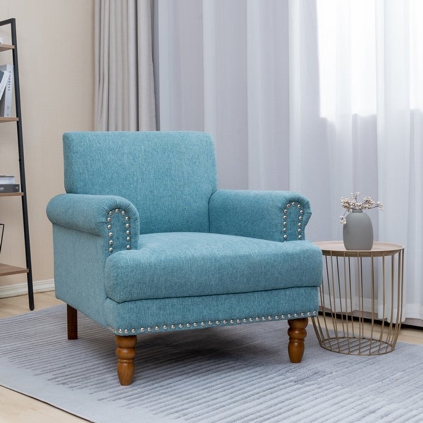 Mid Century Tufted Accent Chair with Arms Nailhead Design Linen Sofa Chair with Wood Legs