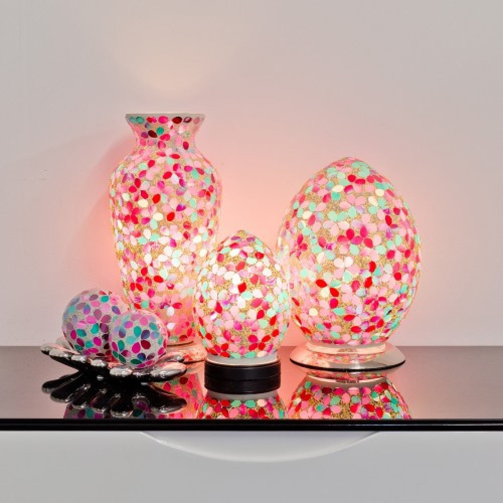 Britalia 880408 Pink Flower Mosaic Glass Vintage Egg Table Lamp 20cm