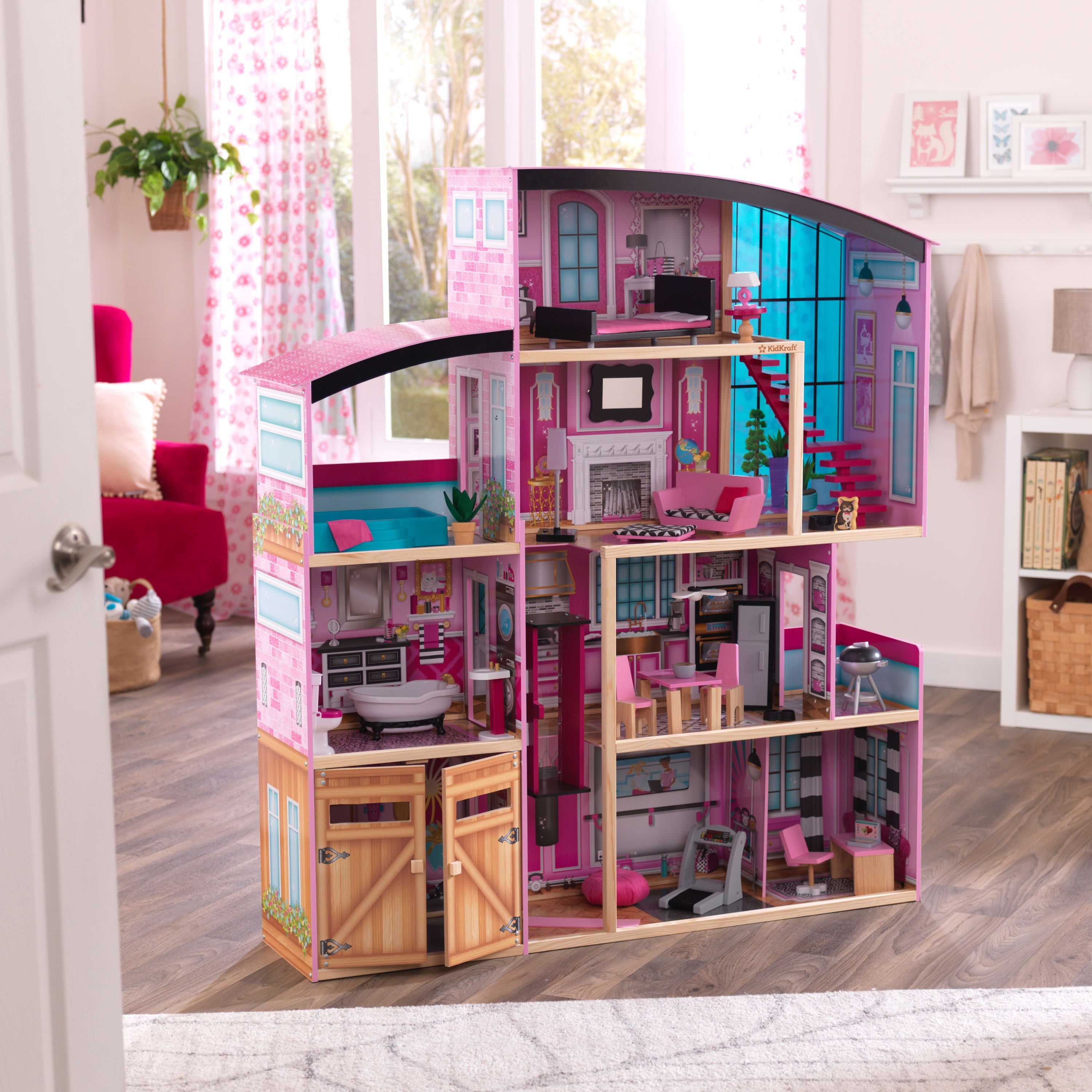 KidKraft Shimmer Mansion Wooden Dollhouse， over 4 Feet Tall， Lights and Sounds and 30 Pieces
