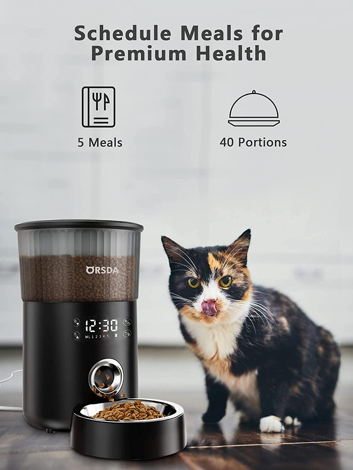 ORSDA Automatic Cat Feeder， 135oz/4L Dog Feeder Pet Food Dispenser with Programmable Timer， Portion Control 1-5 Meals Per Day， Dual Power Supply and Voice Recorder for Small to Medium Cats Dogs (Black)