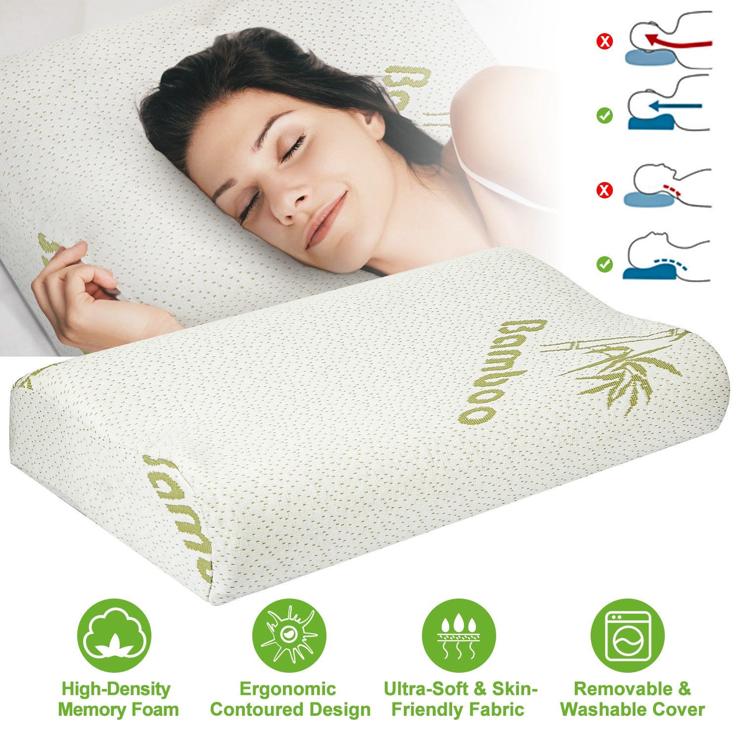 iMountek Bamboo Memory Foam Sleep Pillow Contoured Cervical Orthopedic Pillow