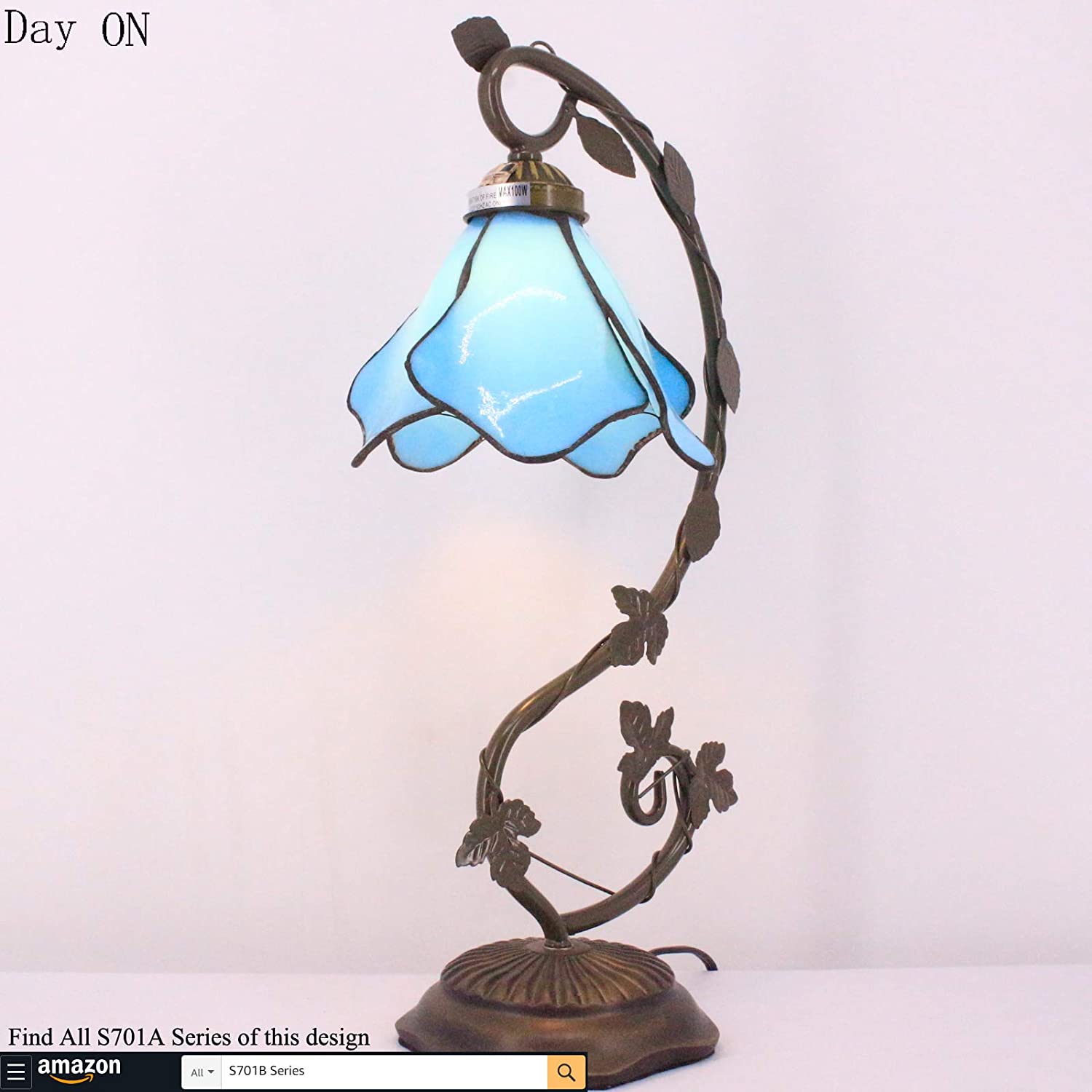 SHADY  Lamp Blue Stained Glass Table Lamp  Metal Leaf Table Desk Reading Light 8X10X21 Inches Decor Small Space Bedroom Home Office S701 Series