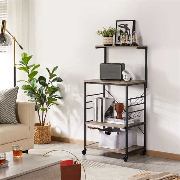 Gray Storage Shelf Microwave Stand Cart on Wheels with Side Hooks - - 37372180