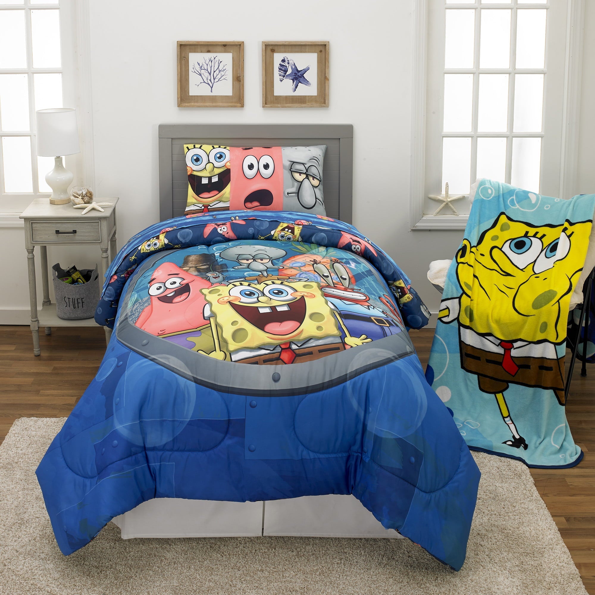 SpongeBob SquarePants Kids Twin Bed in a Bag, Comforter and Sheets, Blue, Nickelodeon