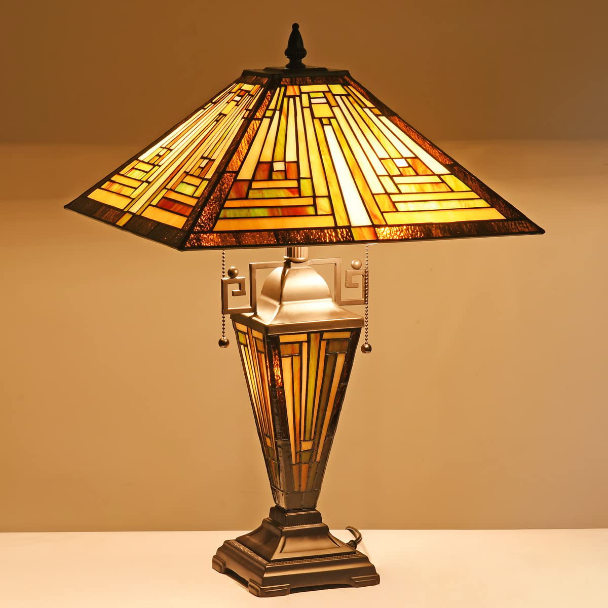 Vinplus  Table Lamp Night Light 16" Wide Handmade Stained Glass Lamp Shade 3 Light Amber Mission Style Vintage Table Lamp