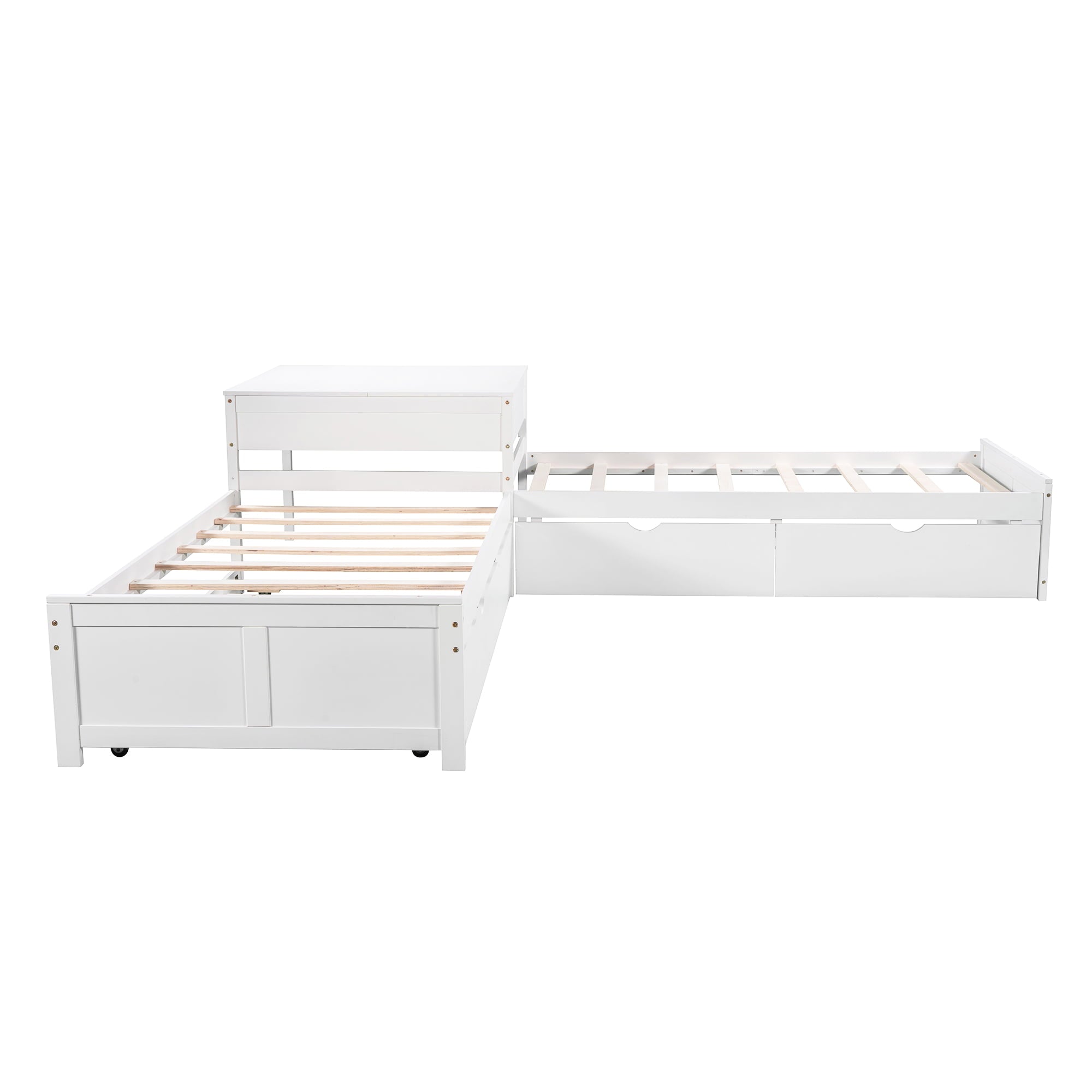 EUROCO Pine Wood L-Shaped Twin Platform Bed for Kids, White