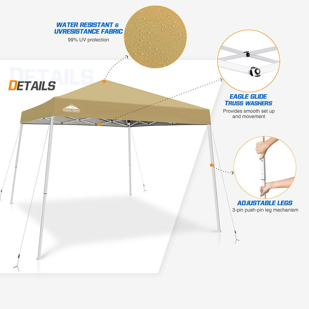 EAGLE PEAK 10' x 10' Slant Leg Pop-up Canopy Tent Easy One Person Setup Instant Outdoor Canopy Folding Shelter with 64 Square Feet of Shade (Beige)