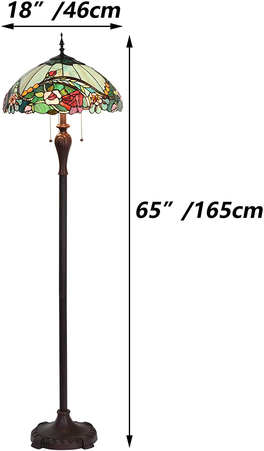 Bieye L10740 Rose Flower  Style Stained Glass Floor Lamp with 18-inch Wide Shade for Reading Working Bedroom, 3 Lights, 65 inch Tall