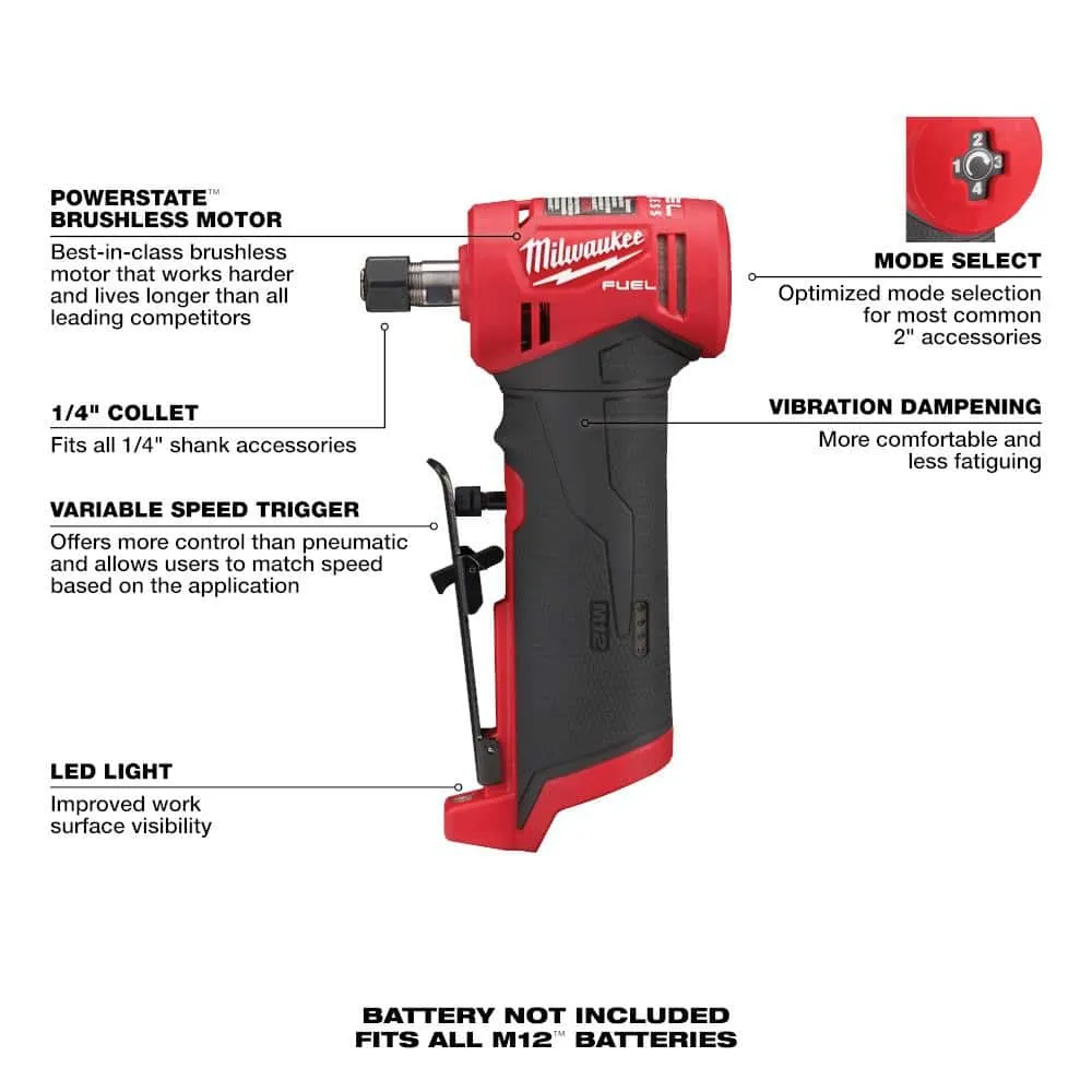 Milwaukee M12 FUEL 12V Lithium-Ion Brushless Cordless 1/4 in. Right Angle and Straight Die Grinder Kit (Tool-Only Kit) 2485-20-2486-20