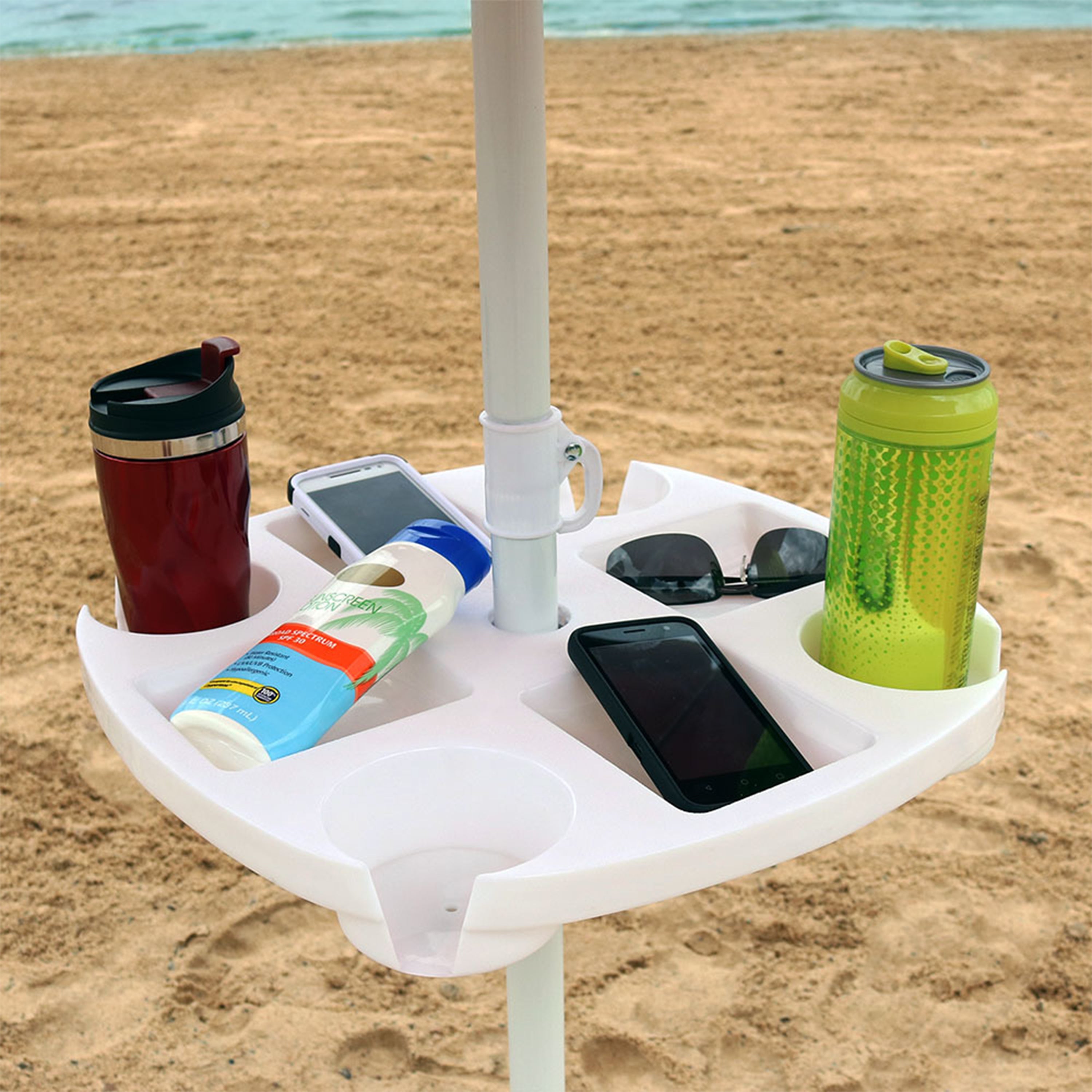Sunnydaze Outdoor Drink and Snack Table with Tray Slots and 4 Cup Holders for Beach Umbrella Poles - White