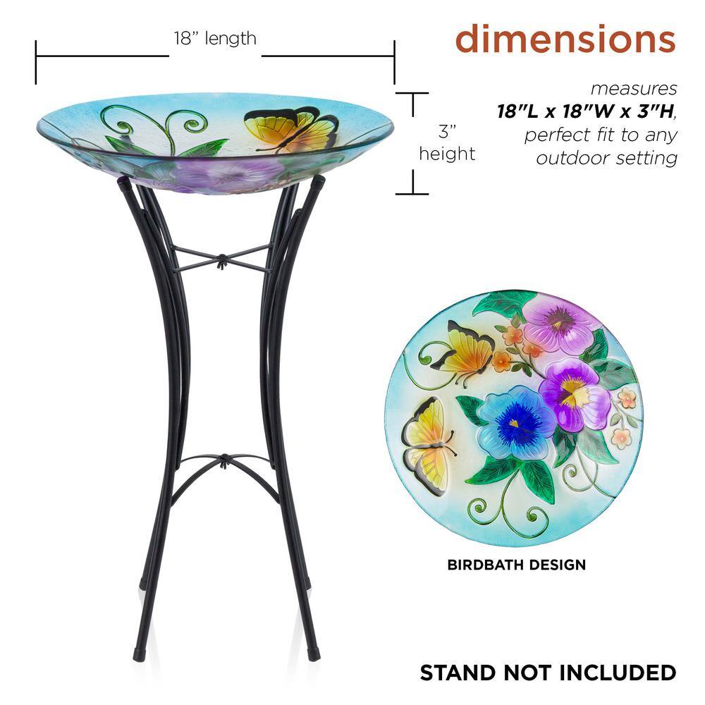 Alpine Corporation 18 in. Glass Birdbath Topper with Colorful Butterfly and Flowers KPP606T-18