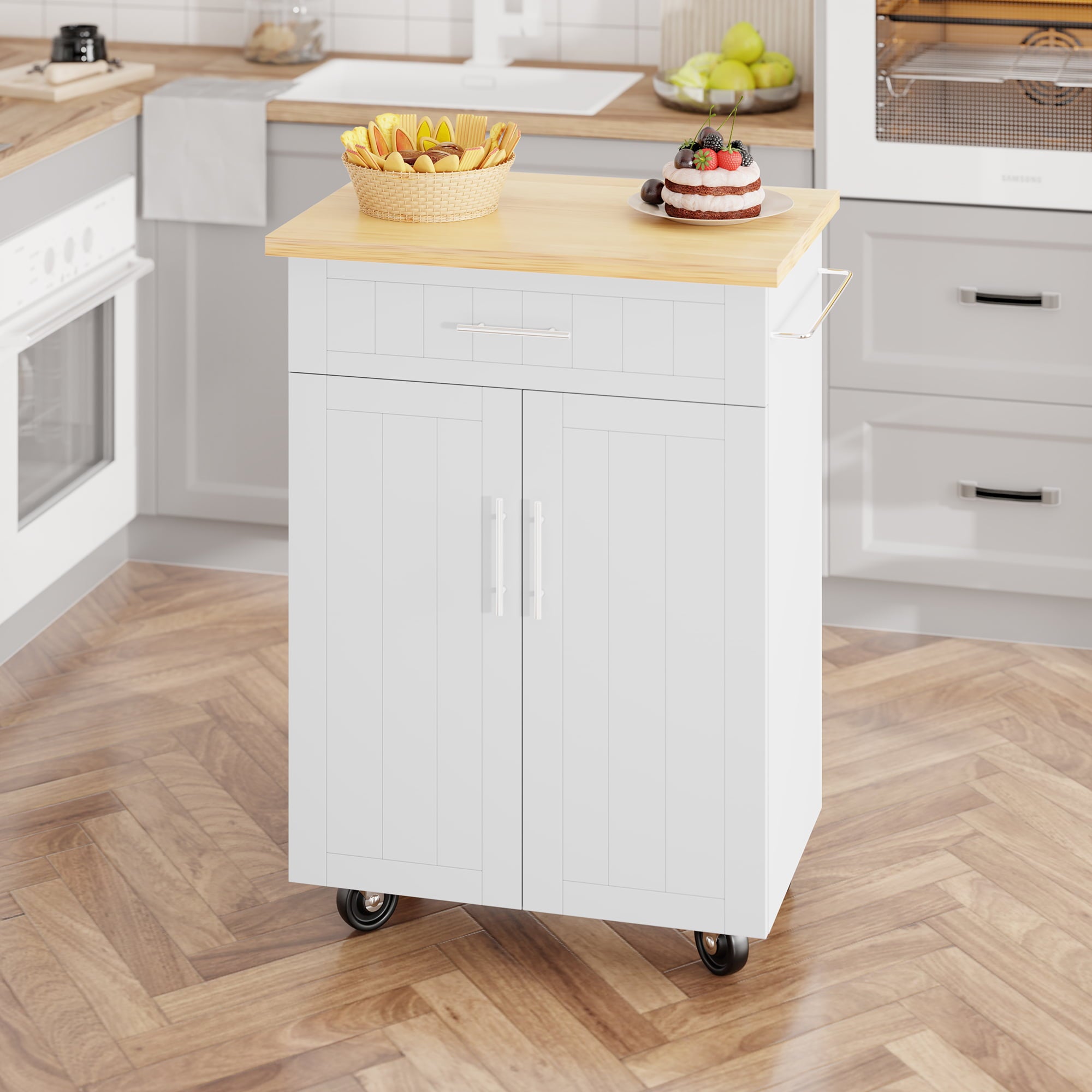 Walsunny Kitchen Island Cart with Towel Holder， Rolling Kitchen Storage Cabinet on Wheels with Drawer and Open Shelf for Kitchen， Living Rooms， Bars（White）