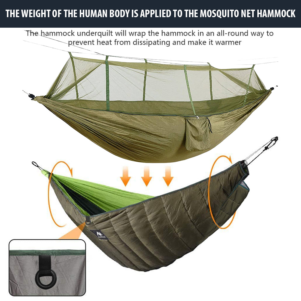 Double Camping Hammock With Mosquito Net+Supersized Underquilt of Hammock,Mesh And Hammock Closed Connection,Warm Blanket Bottom Insulation.Portable For Camping，Hiking Backpacking Travel