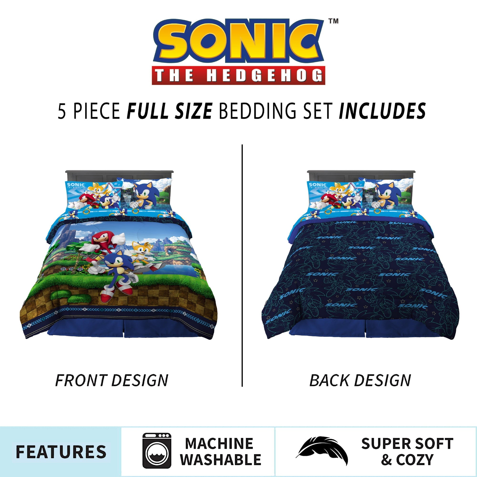 Sonic the Hedgehog Kids Full Bed in a Bag, Gaming Bedding, Comforter and Sheets, Blue, Sega
