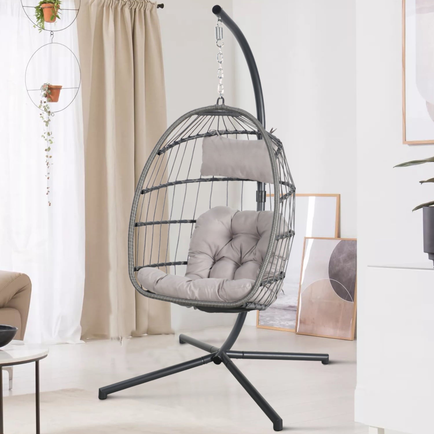 Indoor Outdoor Swing Egg Chair with Stand, Patio Foldable Grey Wicker Rattan Hanging Chair with Cushion, Light Gray