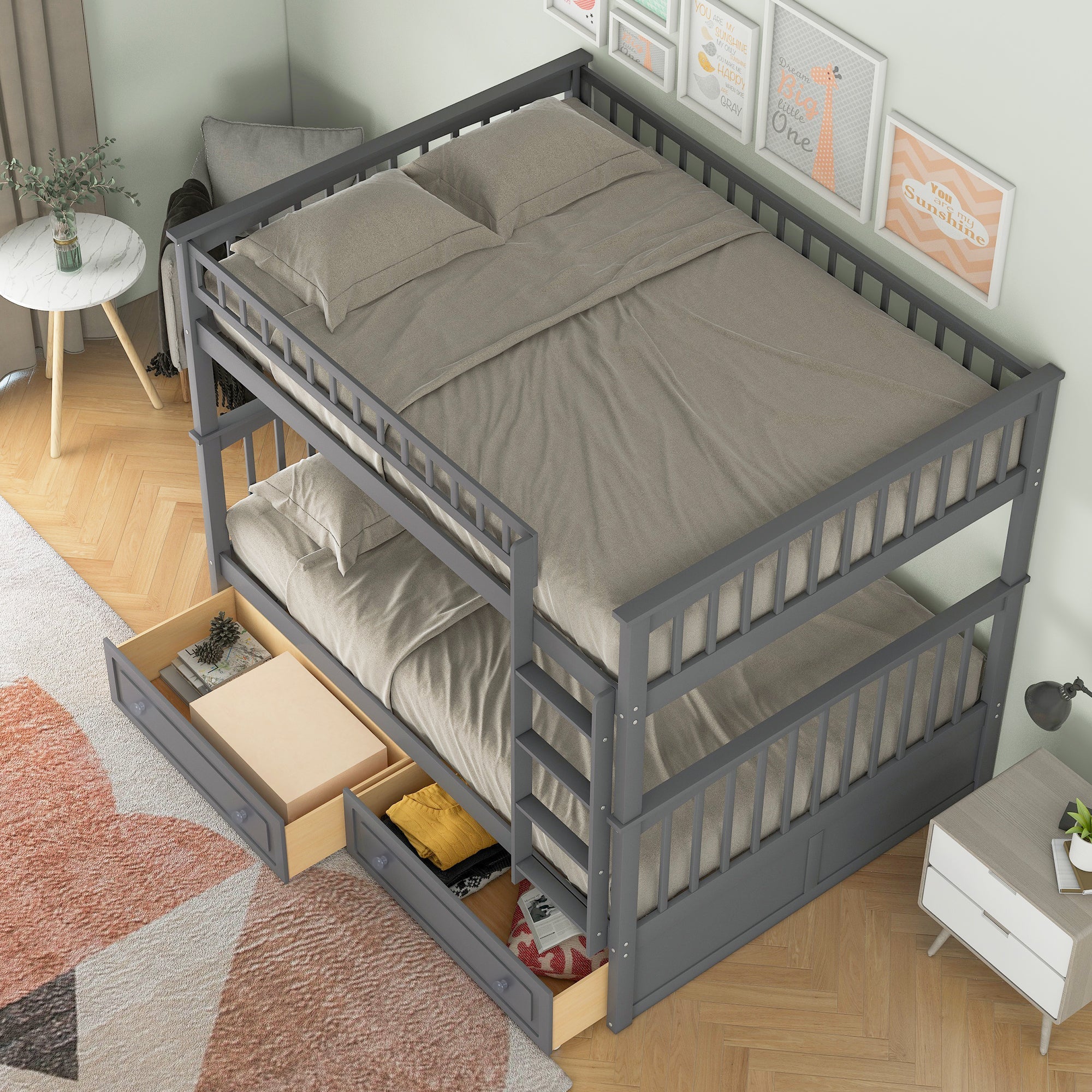 Euroco Pine Wood Bunk Bed With Storage, Full-Over-Full, Grey