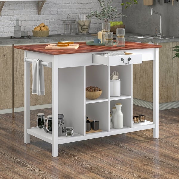 Farmhouse Stationary Kitchen Island Counter Height Drop Leaf Wood Dining Table with Open Storage Shelves and Handle Drawer - - 36806488