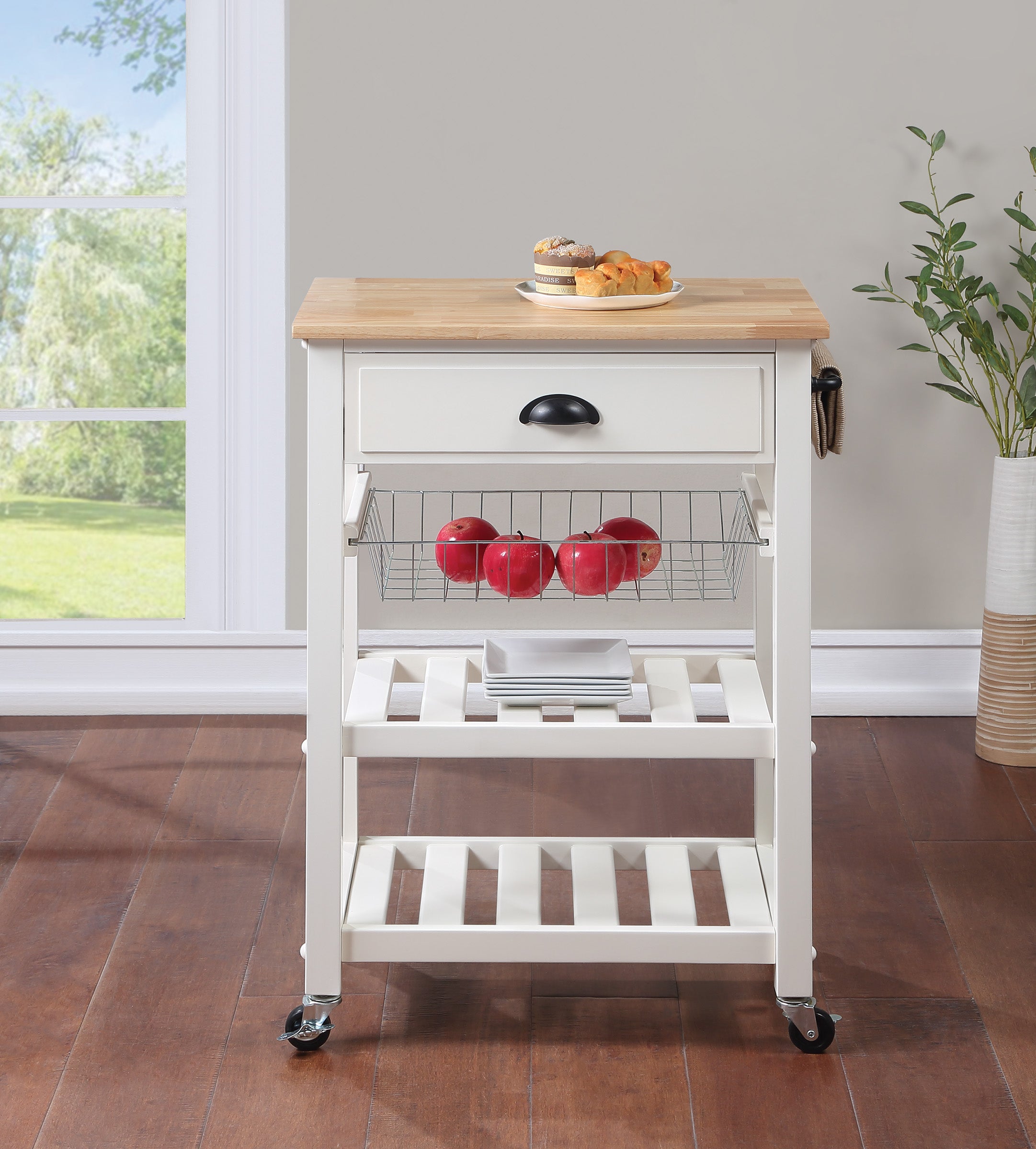 OS Home and Office Furniture Model HMPNW-11 Hampton Kitchen Cart in White with Solid Rubberwood Top