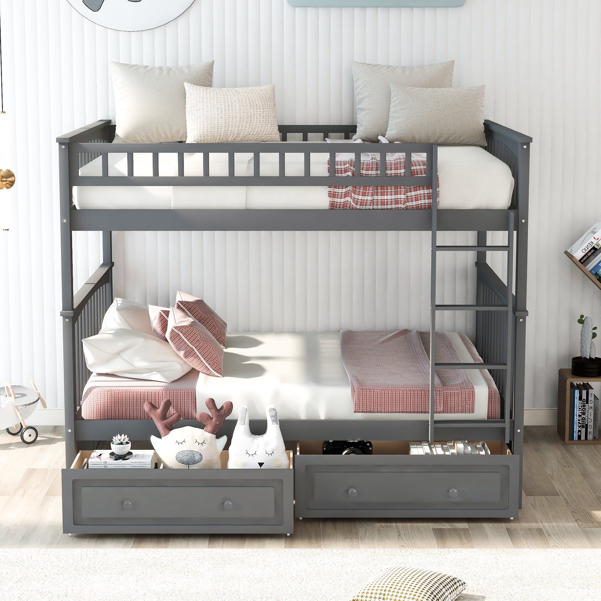 Full Over Full Solid Wood Full Size Bunk Bed with Two Storage Drawers, Convertible Bunk Bed Can be Converted Into Two Full Size Daybeds,Gray
