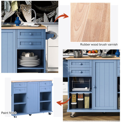 Kitchen Island， Trolley Cart Utility Cabinet on Wheels with Storage， Spice Rack with Drawers and Storage Cabinets， Kitchen Island with Rubber Wooden Countertop， Towel Racks， Adjustable Shelves，Blue