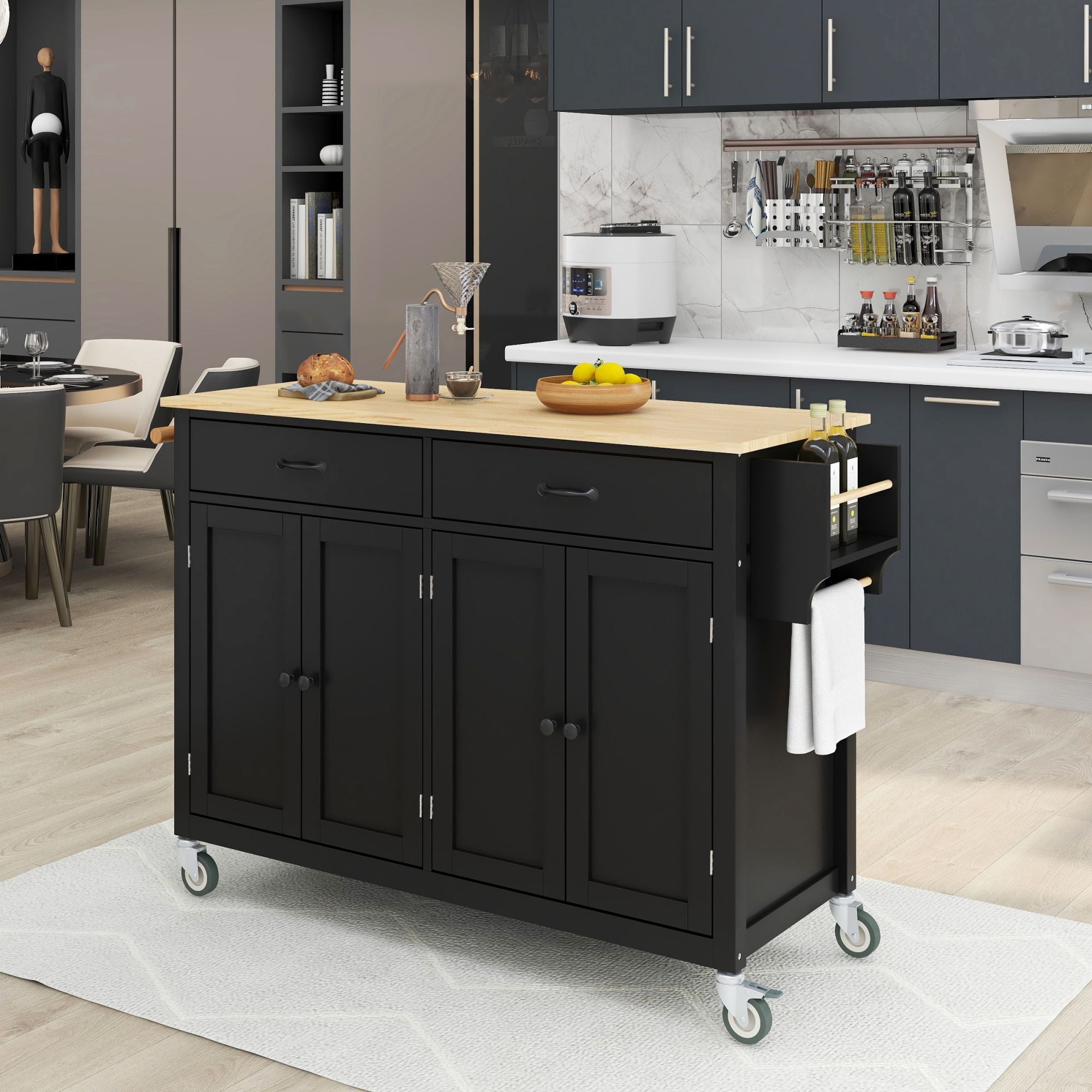 COOKCOK Kitchen Island Cart，Rolling Mobile Kitchen Island Cart with Wood Top and Locking Wheels，Storage Utility Cart with 4 Door Cabinet and Two Drawers，Spice Rack，Towel Rack，Black