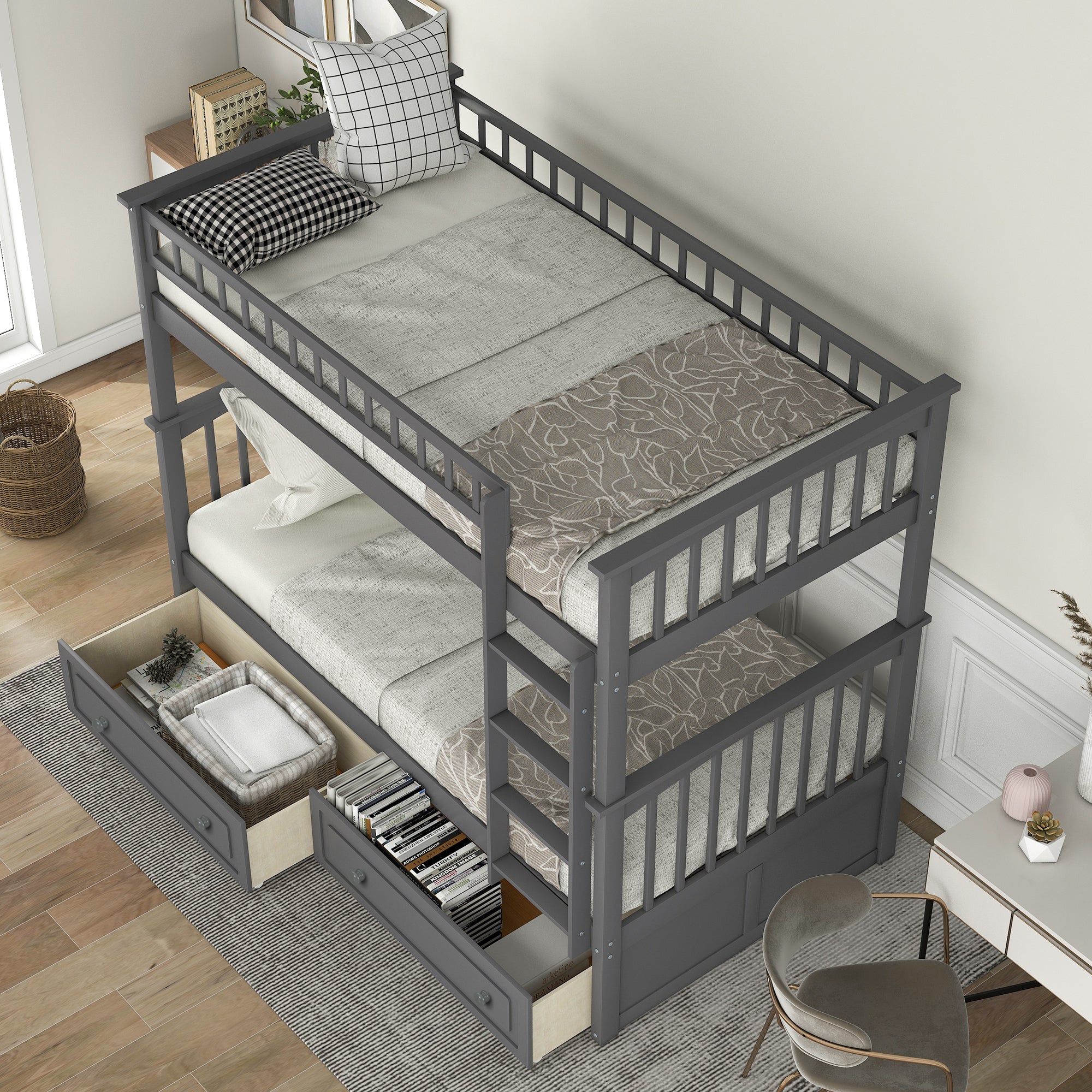 Euroco Pine Wood Bunk Bed With Storage, Twin-Over-Twin, Gray