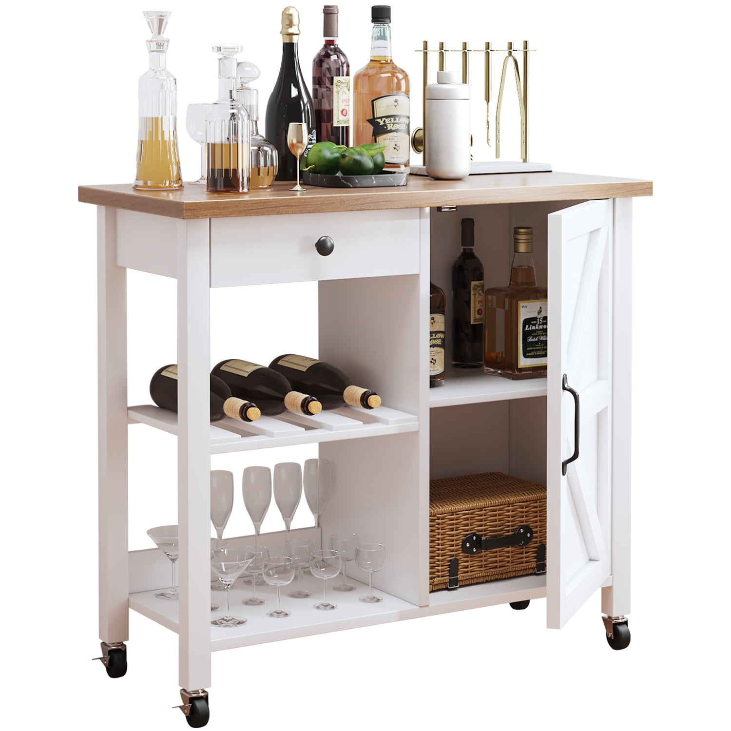 Catrimown Farmhouse Kitchen Island Cart with Storage， Microwave Cart， Microwave Stand， Coffee Bar Stand， White