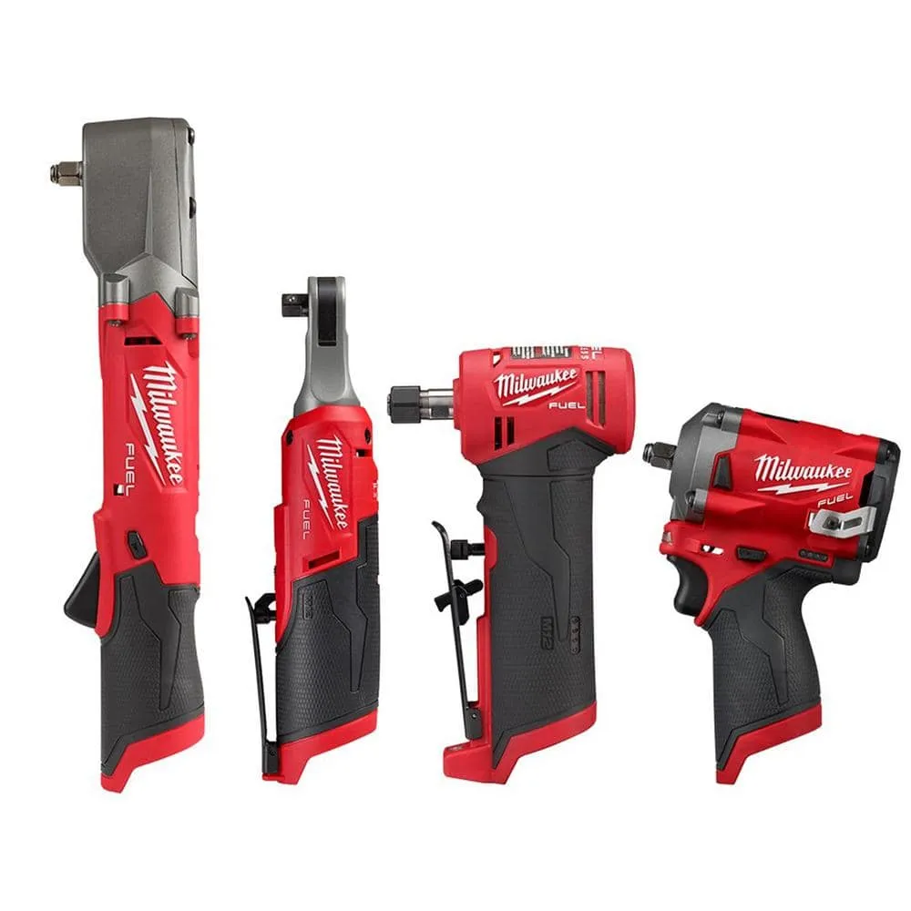 Milwaukee M12 FUEL 12V Li-Ion Cordless 3/8 in. Impact Wrench with Right Angle Impact Wrench, High Speed Ratchet & Die Grinder 2554-20-2564-20-2567-20-2485-20