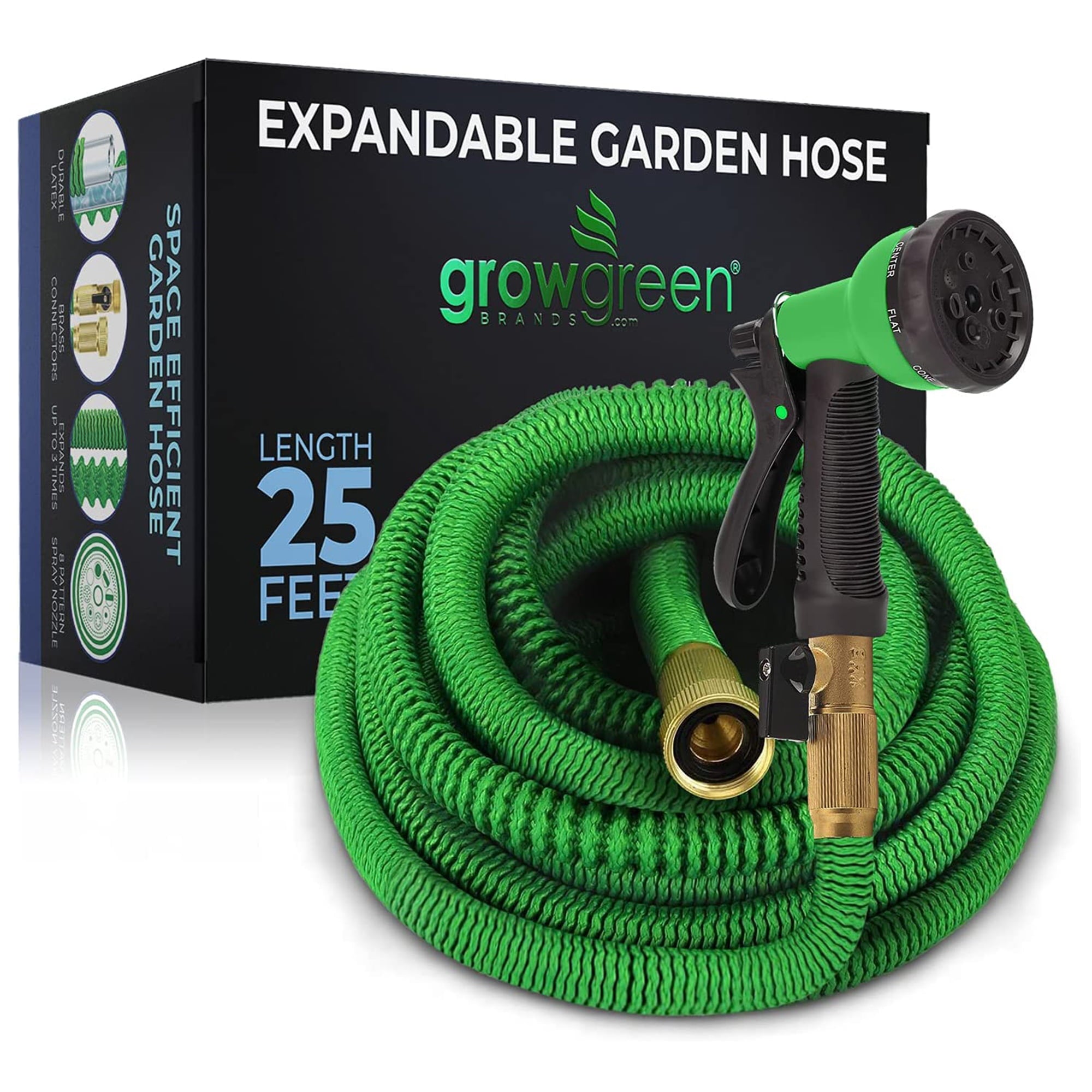 Grow Green Expandable Garden Hose with Double Latex Core Solid Brass Connectors, 25 ft. Green