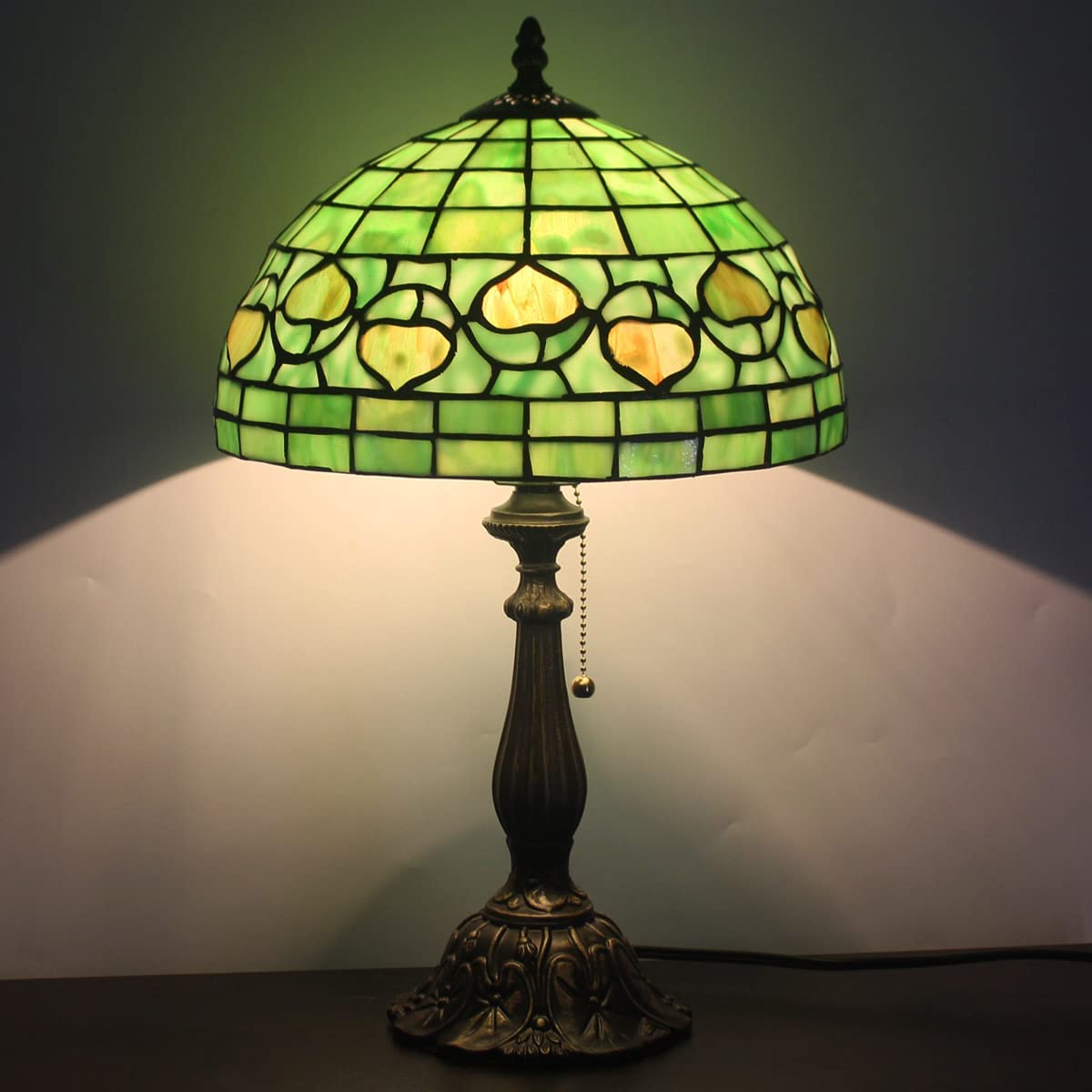 SHADY  Style Table Lamp W12H19 inch Green Stained Glass Antique Bedside Nightstand Desk Reading Lamp Work Study Desktop Light Decor Home Kids Bedroom Living Room Office Pull Chain