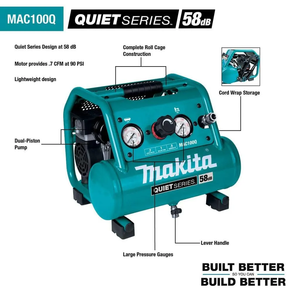 Makita Quiet Series, 1/2 HP, 1 Gal. Compact, Oil-Free, Electric Air Compressor MAC100Q