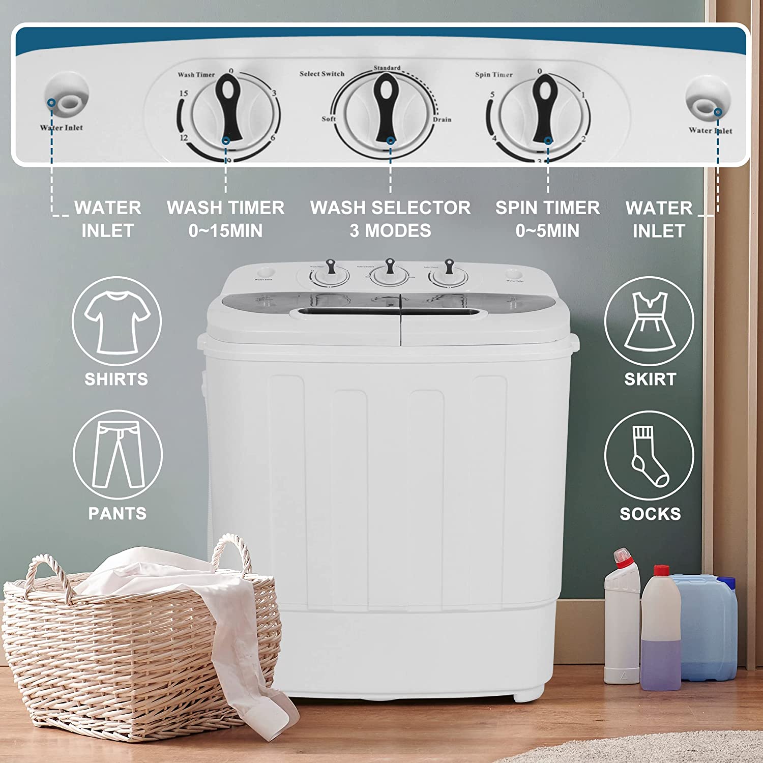 SUPER DEAL Compact Mini Twin Tub Washing Machine， Portable Laundry Washer w/Wash and Spin Cycle Combo， Built-in Gravity Drain， 13lbs