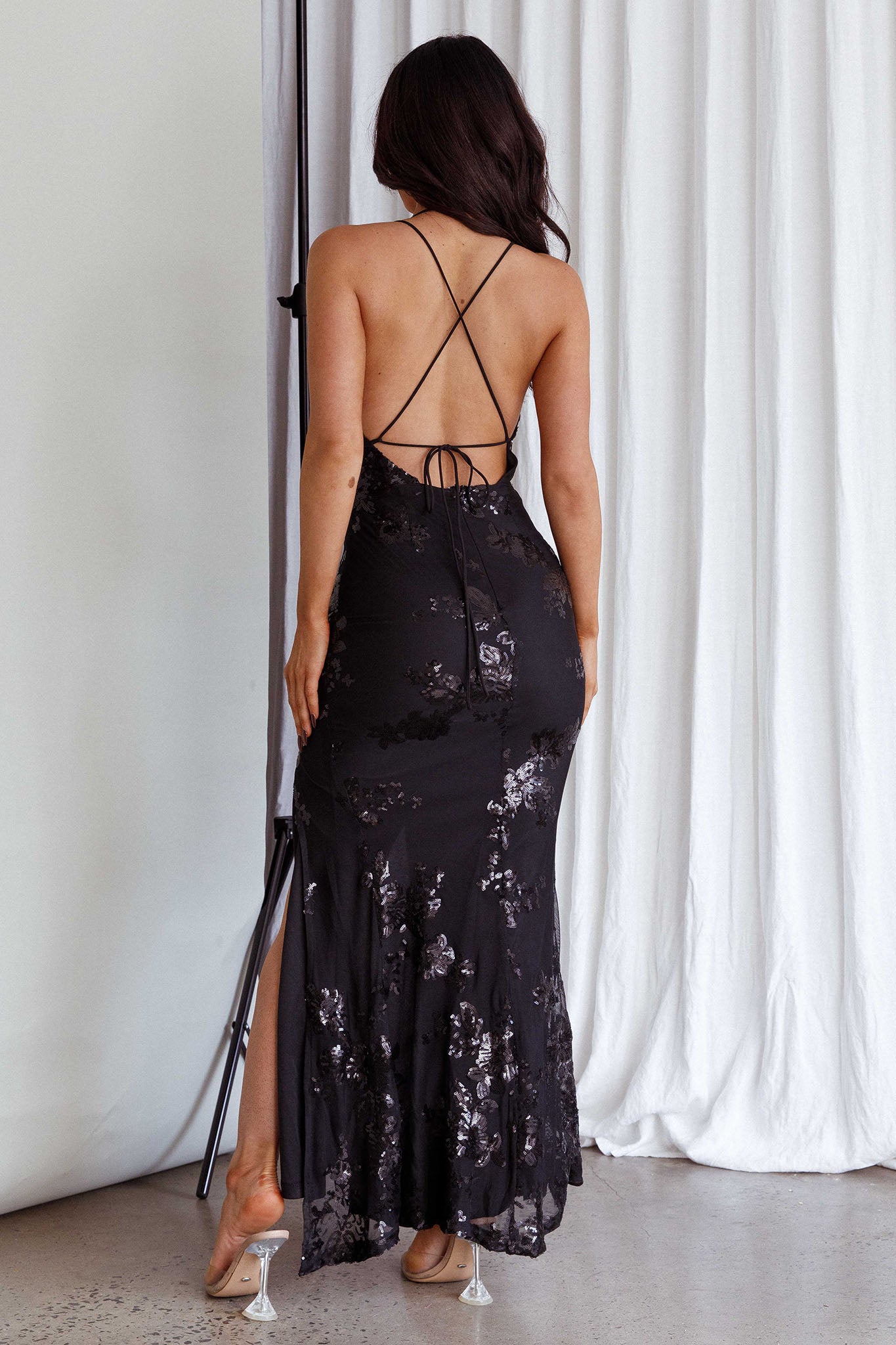 Haylan Sequin Backless Midi Dress Black