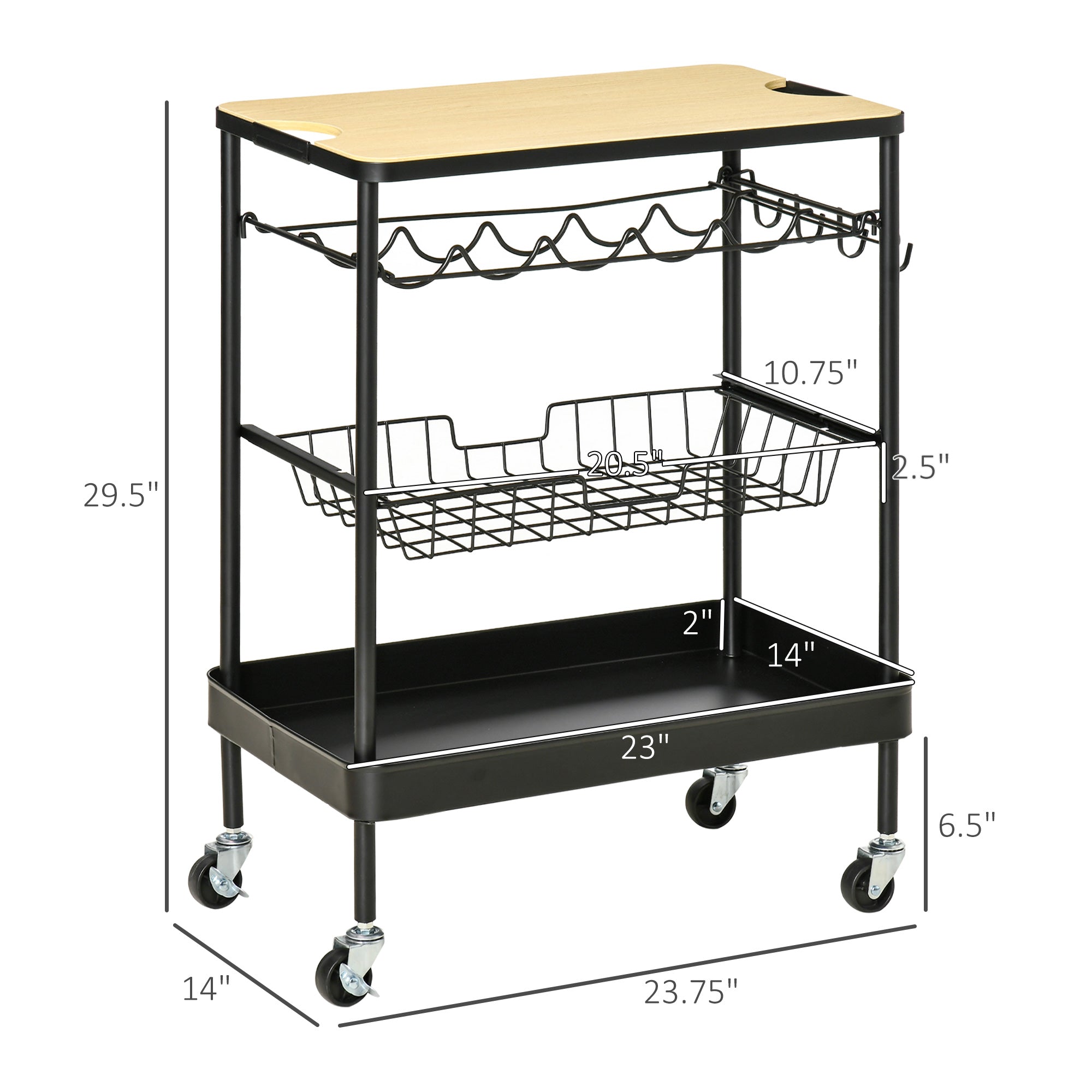 HOMCOM Rolling Kitchen Cart， 3-Tier Utility Storage Trolley with Wine Rack， Mesh Drawer and Side Hooks for Dining Room， Black/Natural