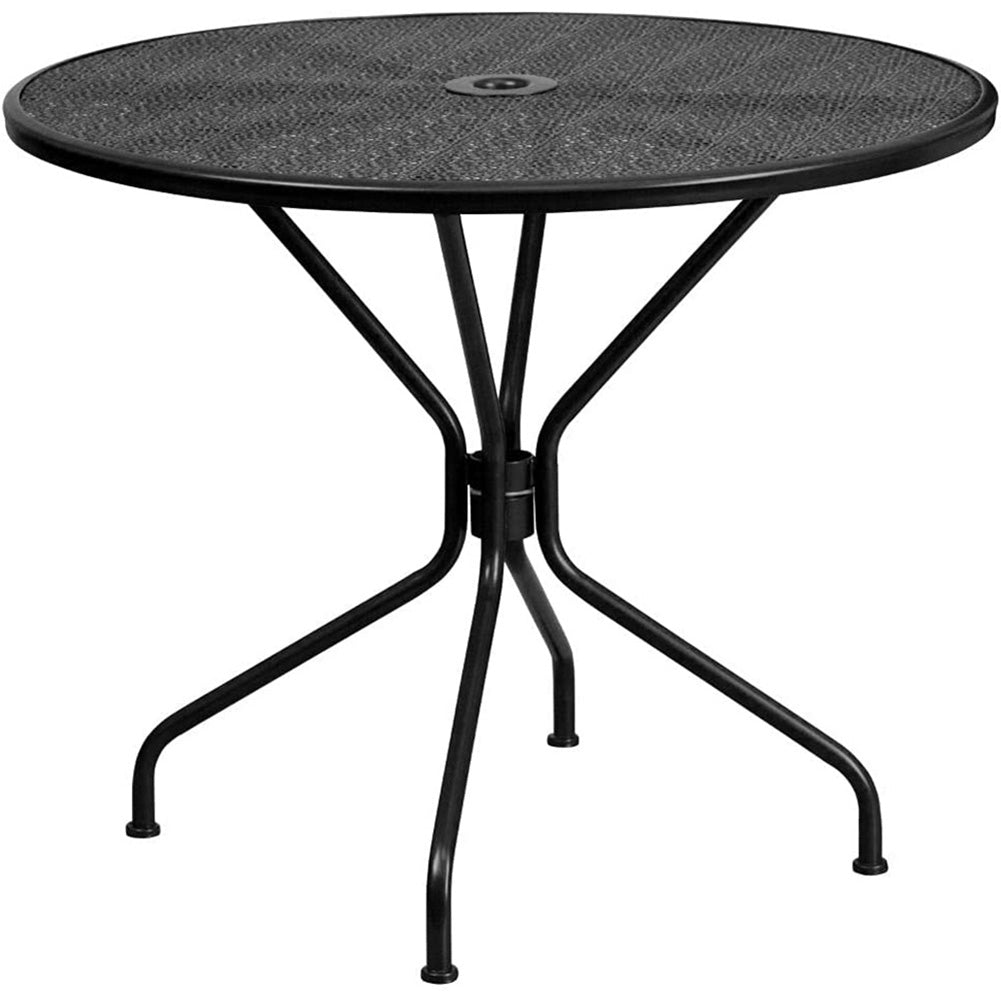 Commercial grade 35.25" round black indoor/outdoor steel patio table with umbrella hole