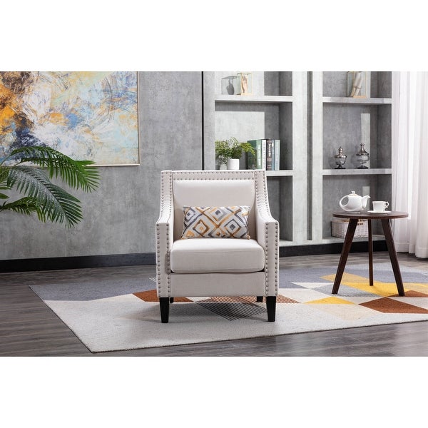 Linen Fabric Upholstered Accent Chair with Removable Seat Cushion， Nailheads Trim and Solid Wood Legs