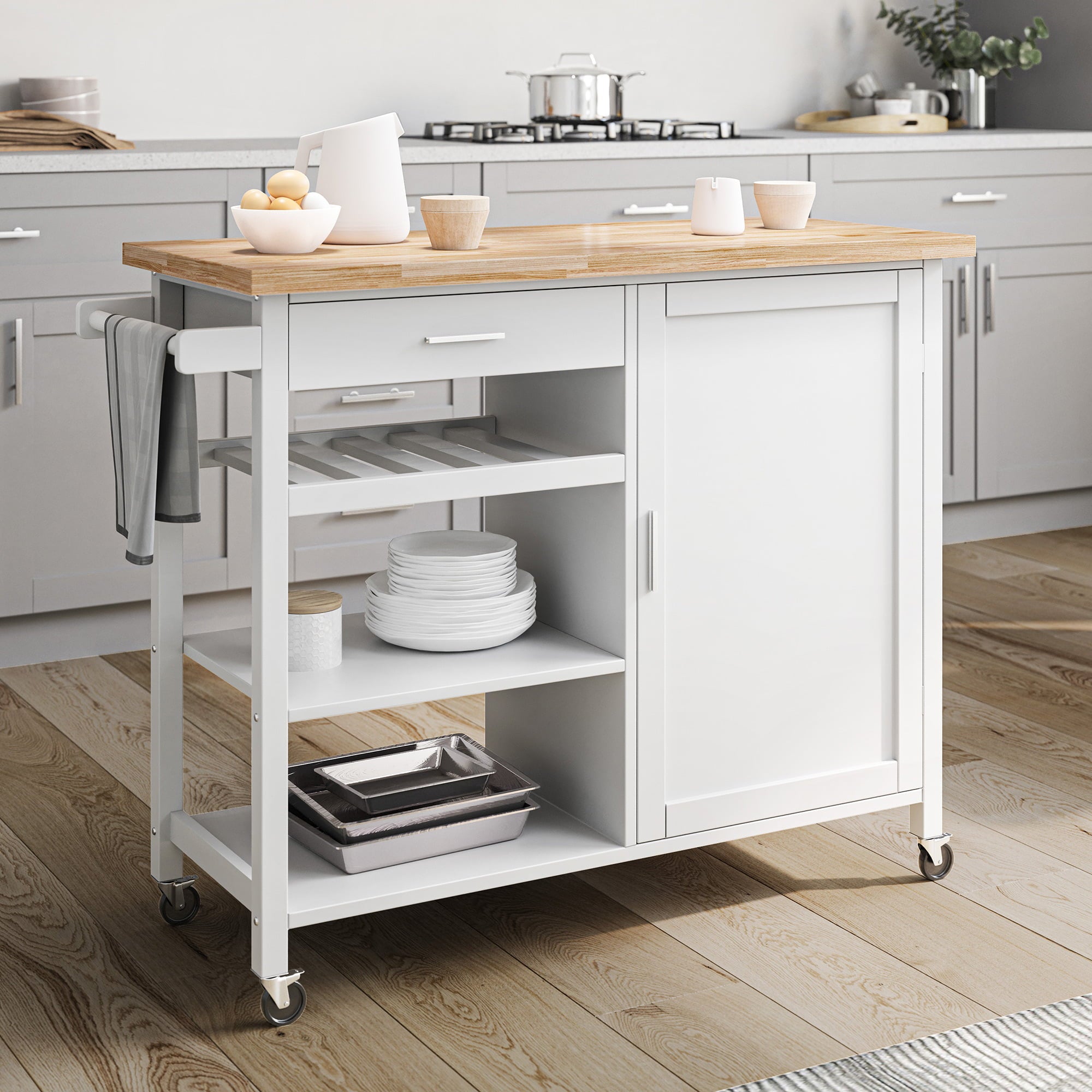 BELLEZE Rolling Kitchen Island Utility Cart with a Drawer- Sonoma (White)