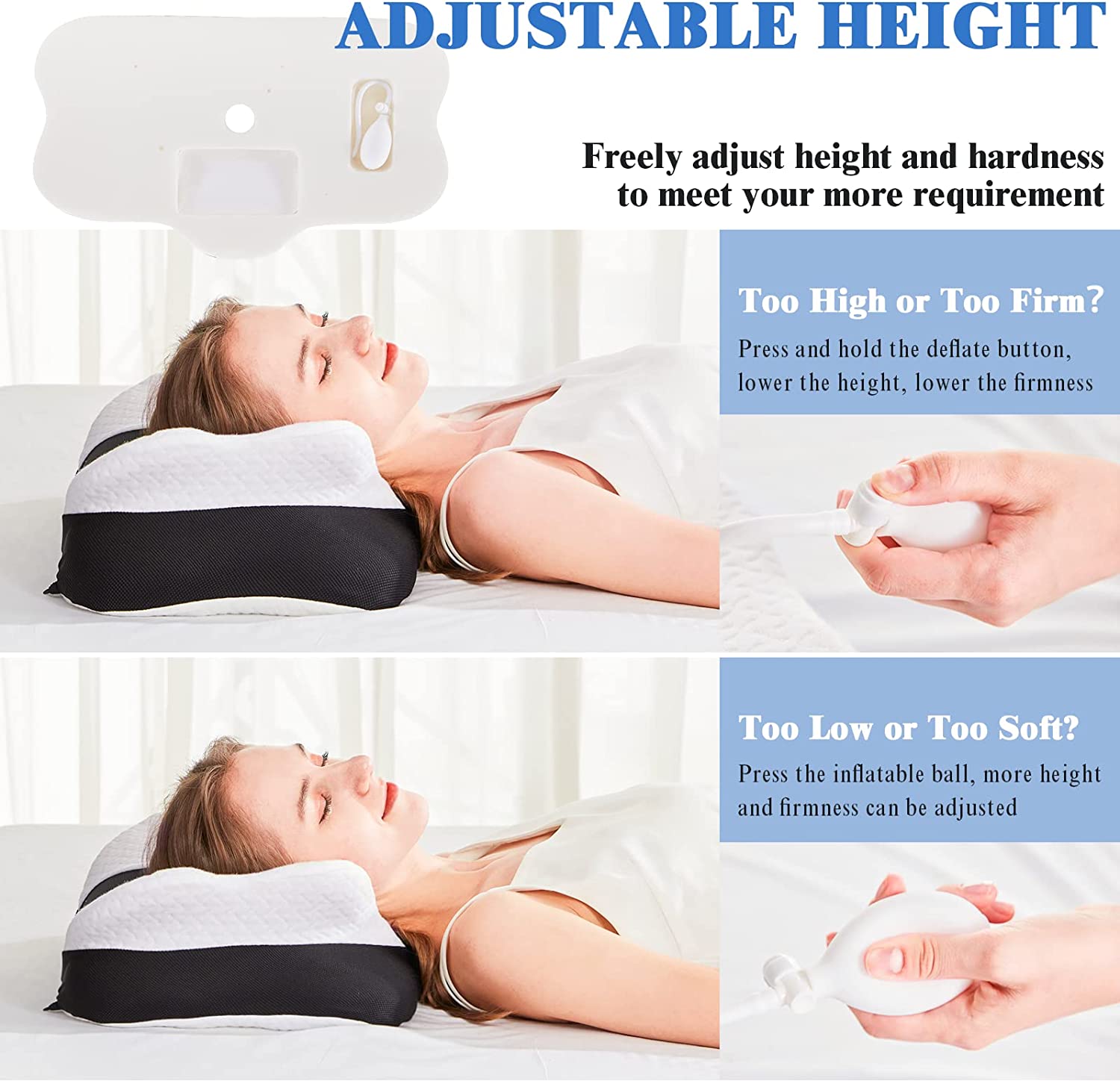 Cervical Memory Foam Pillows, Side Sleeper Pillow for Neck Shoulder Pain Relive Orthopedic Contour Ergonomic Inflatable Height Adjustable Pillows with Air Bag for Back Stomach Sleepers